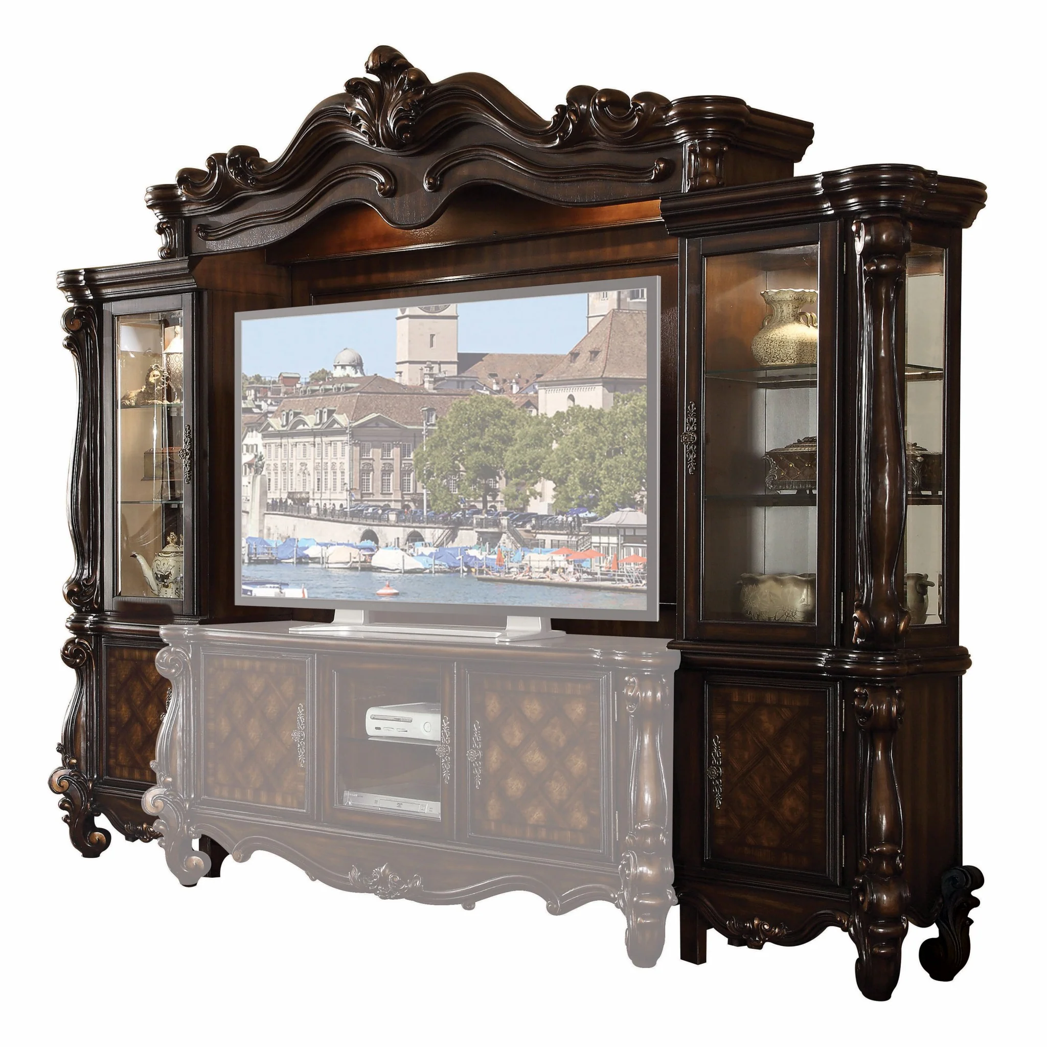 Cherry Oak Wood Poly Resin Glass Entertainment Center By Homeroots - 348657 - Image 2