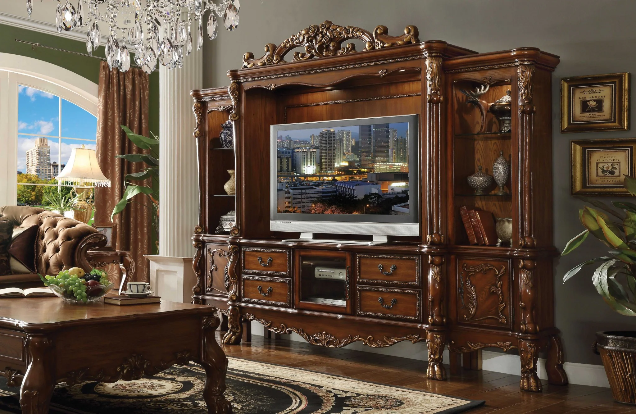 Cherry Oak Wood Poly Resin Glass Entertainment Center By Homeroots - 348658 - Image 2
