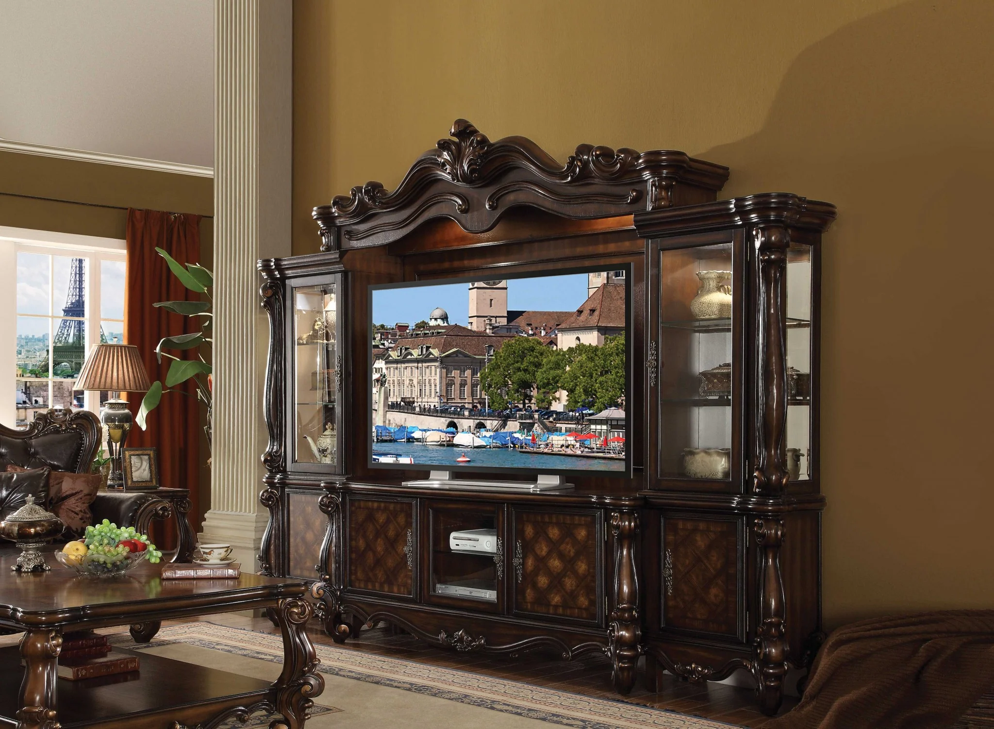 Cherry Oak Wood Poly Resin Glass TV Console By Homeroots - 347487 - Image 2