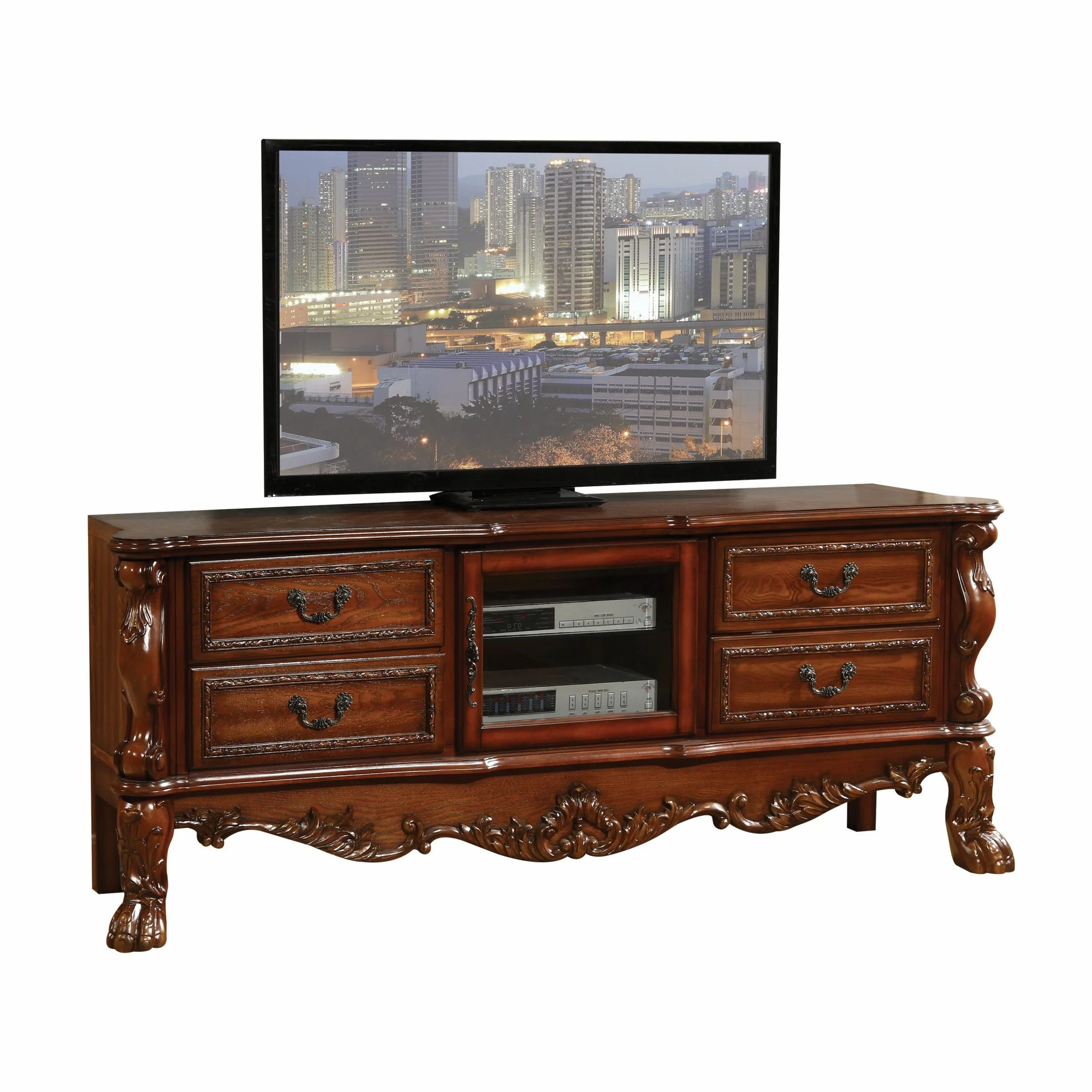 Cherry Oak Wood Poly Resin Glass TV Console By Homeroots - 347488 - Image 2