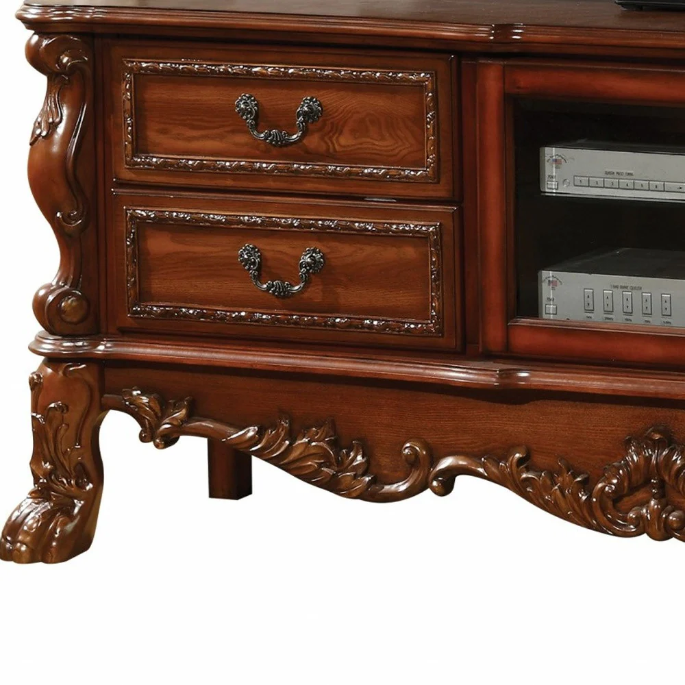 Cherry Oak Wood Poly Resin Glass TV Console By Homeroots - 347488 - Image 4