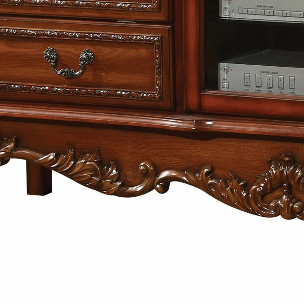 Cherry Oak Wood Poly Resin Glass TV Console By Homeroots - 347488 - Image 5