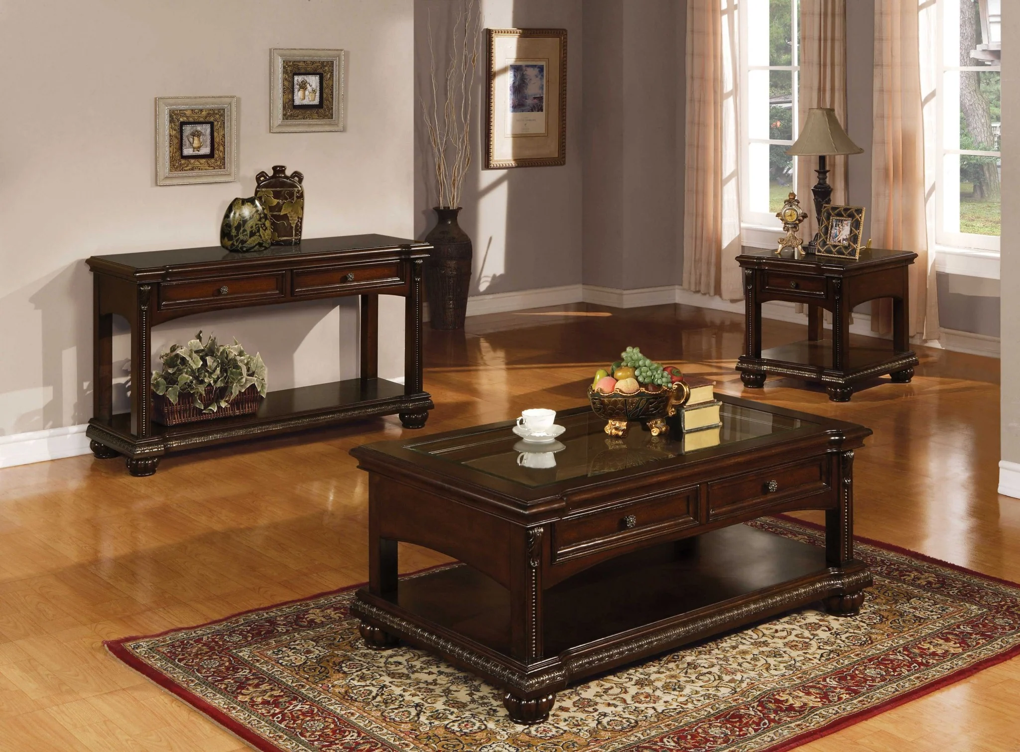 Cherry Wood Glass Veneer Coffee Table By Homeroots - Image 2
