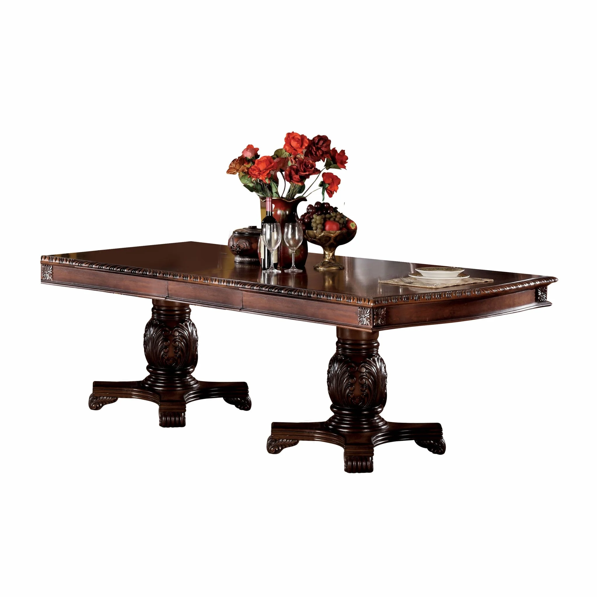 Cherry Wood Poly Resin Dining Table Wdouble Pedestal By Homeroots - Image 2