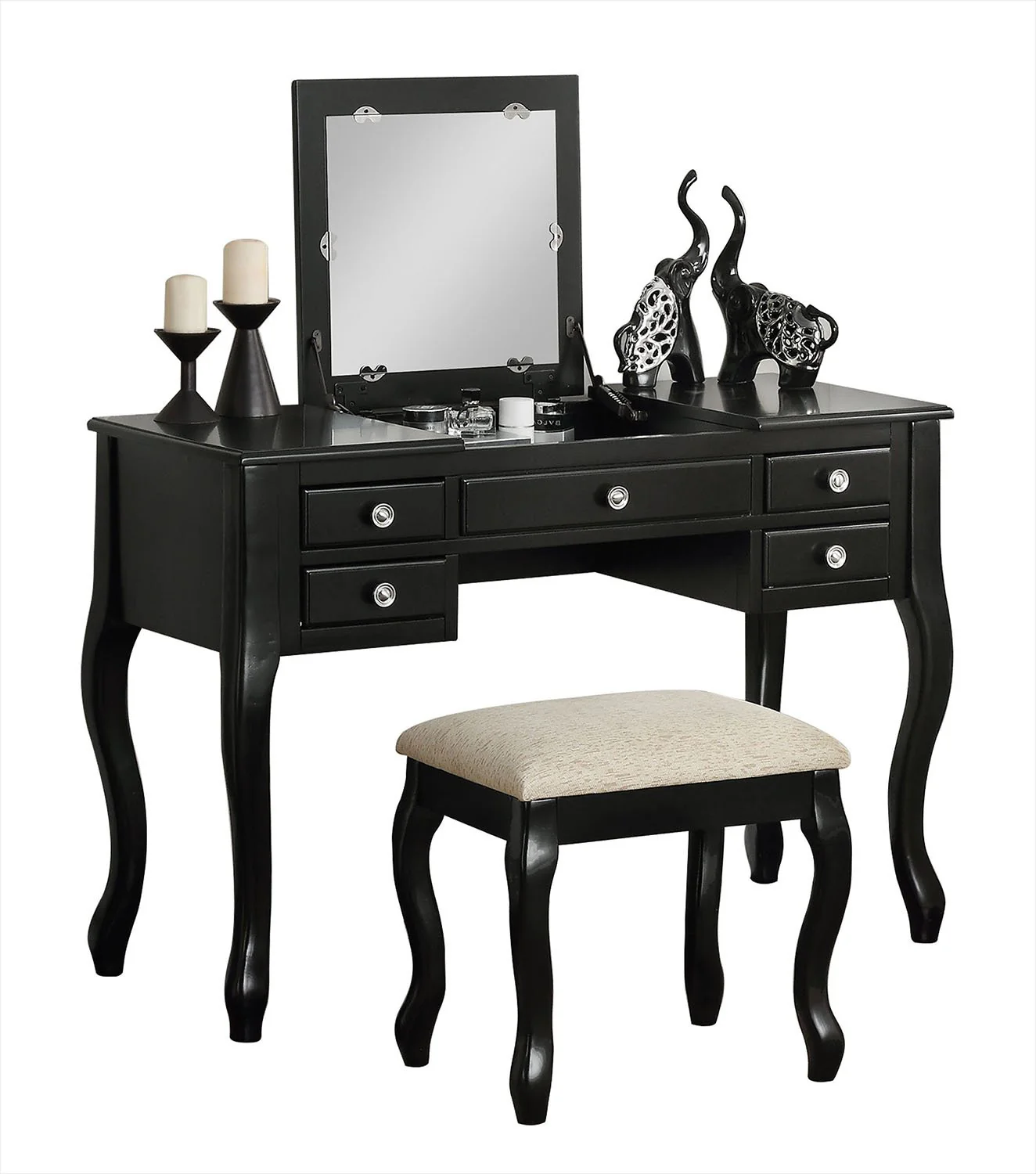 Cherub Vanity Set Featuring Stool And Mirror Black By Benzara - Image 2