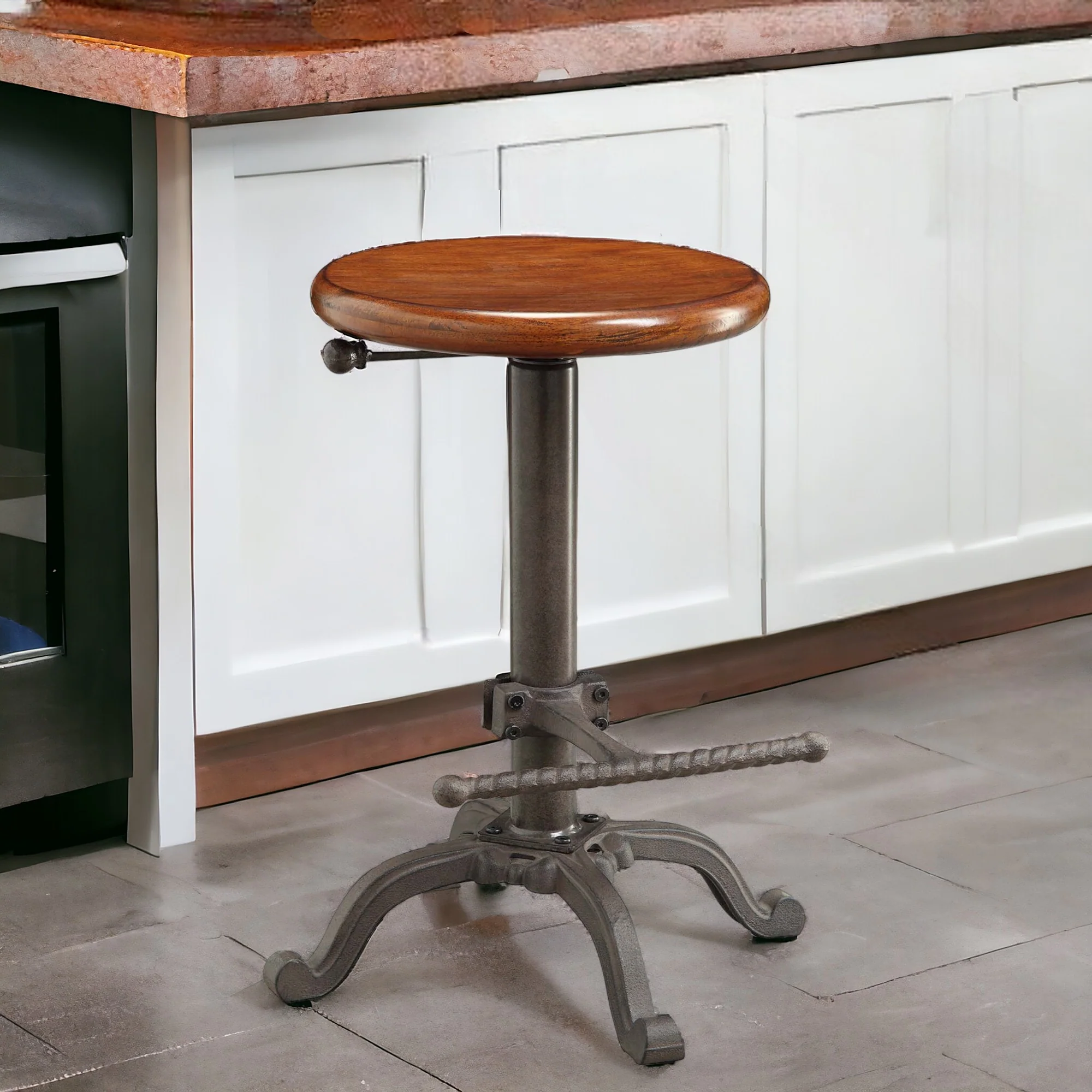 Chestnut And Gray Steel Swivel Backless Adjustable Height Bar Chair By Homeroots - Image 2