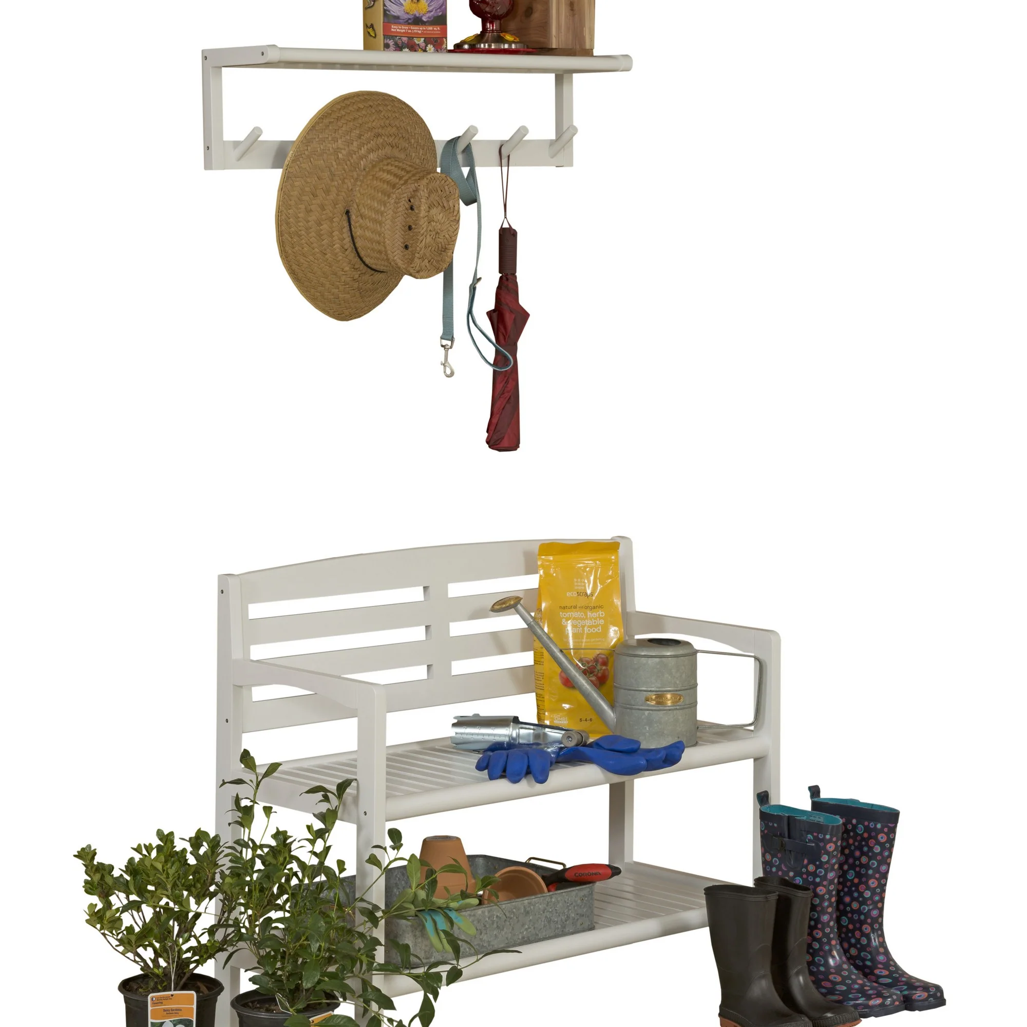 Chestnut Finish Solid Wood Slat Bench with High Back and Shelf By Homeroots - Image 11