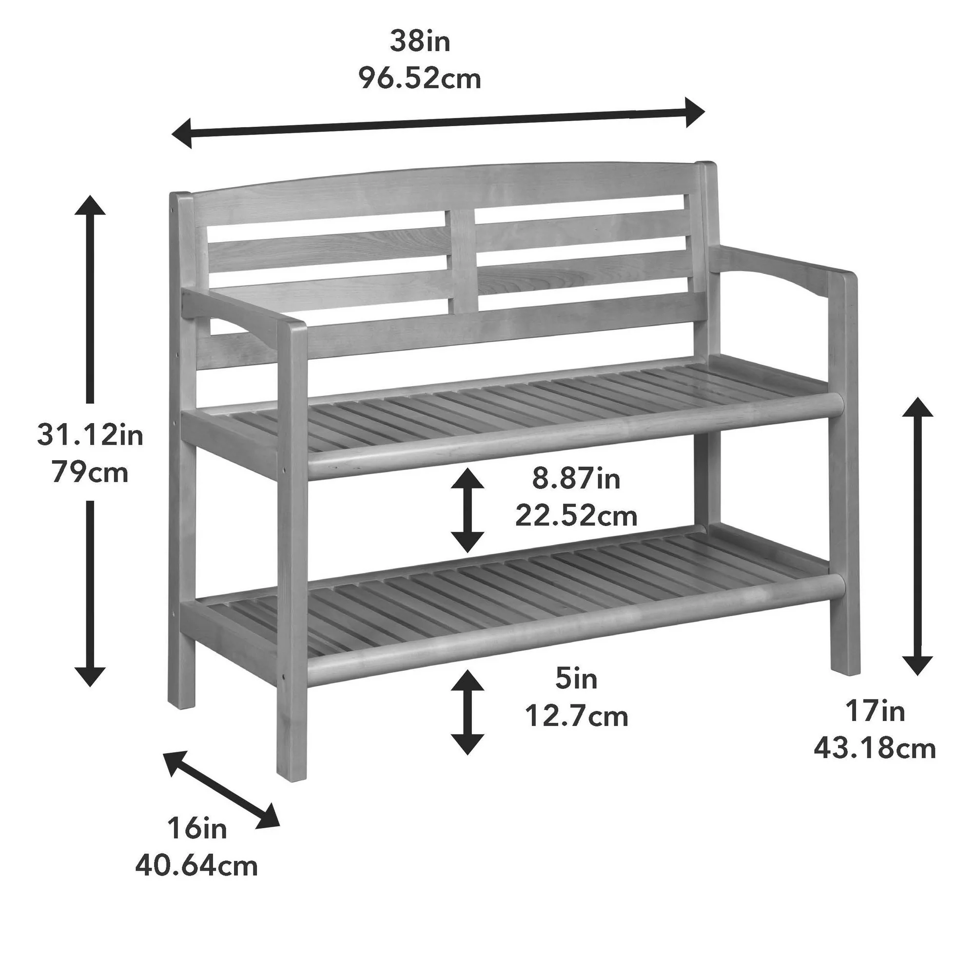 Chestnut Finish Solid Wood Slat Bench with High Back and Shelf By Homeroots - Image 12