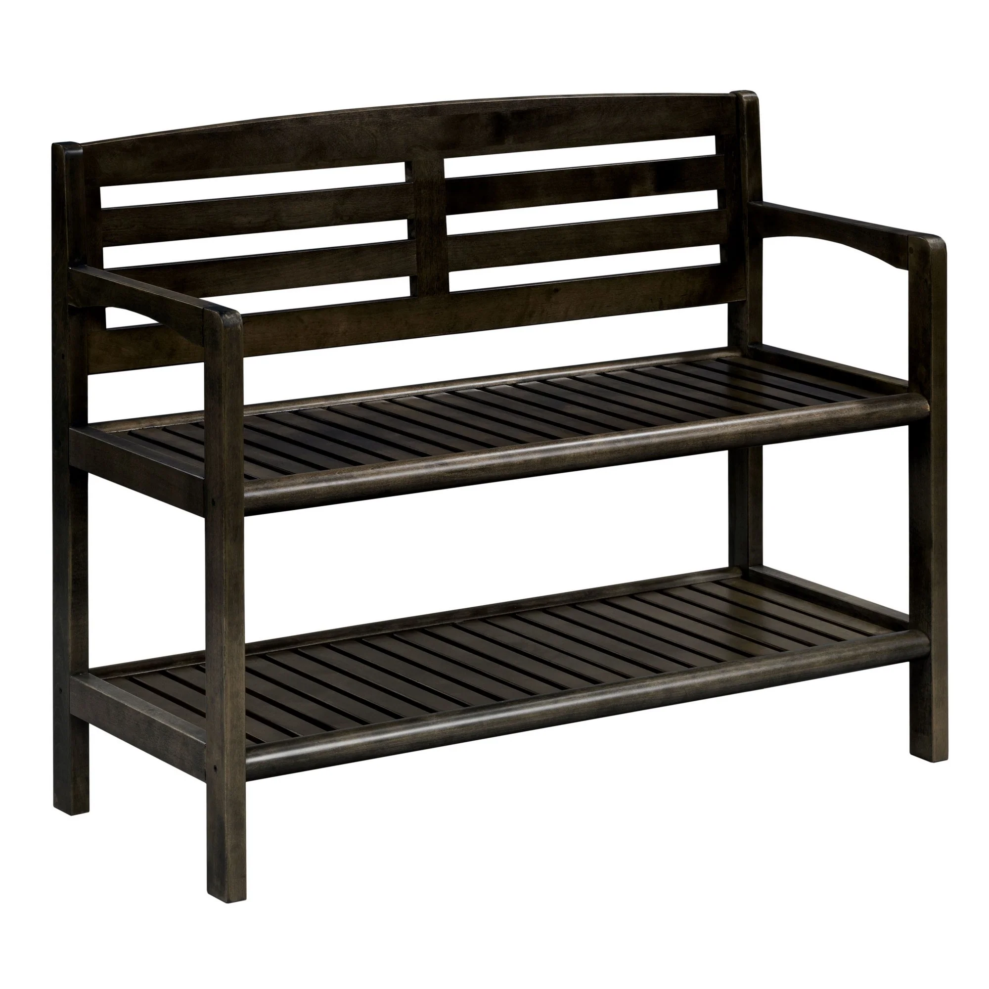 Chestnut Finish Solid Wood Slat Bench with High Back and Shelf By Homeroots - Image 13