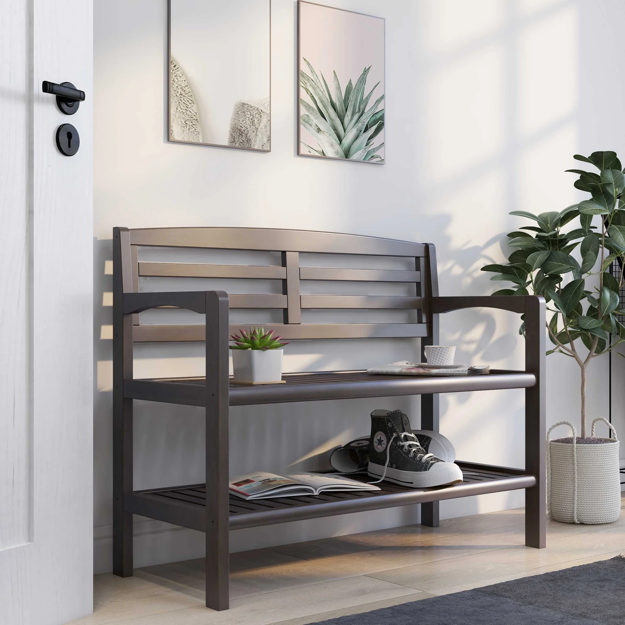Chestnut Finish Solid Wood Slat Bench with High Back and Shelf By Homeroots - Image 16