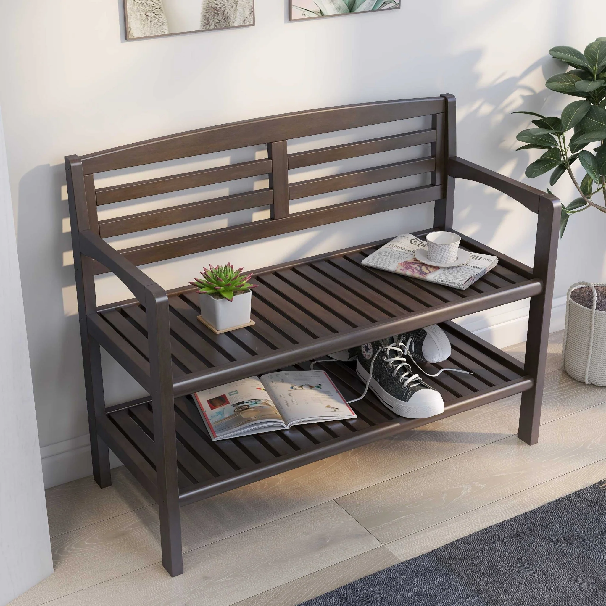 Chestnut Finish Solid Wood Slat Bench with High Back and Shelf By Homeroots - Image 17