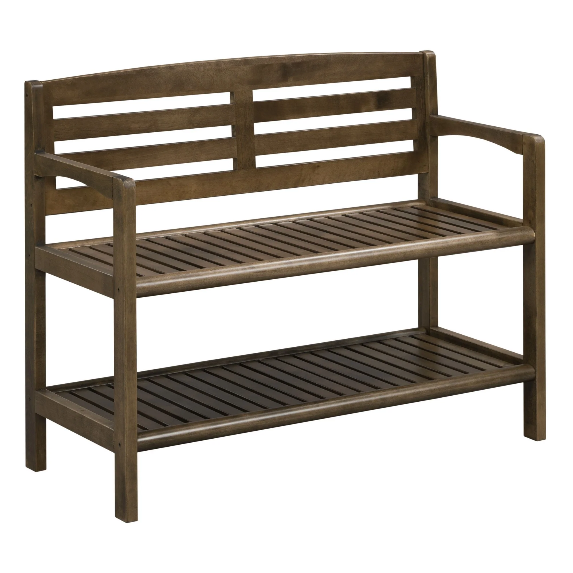 Chestnut Finish Solid Wood Slat Bench with High Back and Shelf By Homeroots - Image 2
