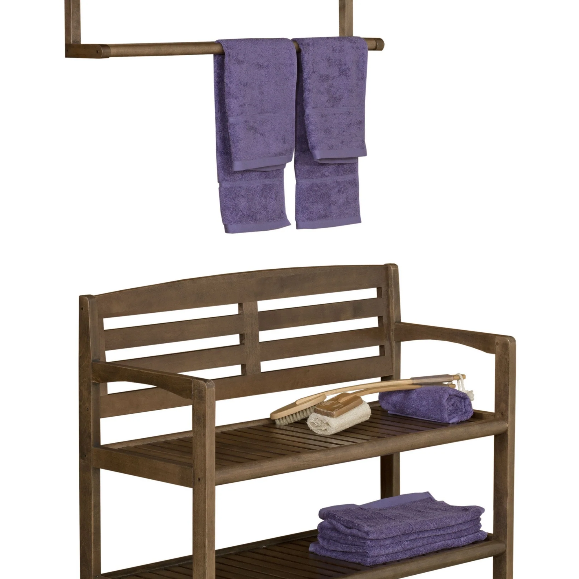 Chestnut Finish Solid Wood Slat Bench with High Back and Shelf By Homeroots - Image 3