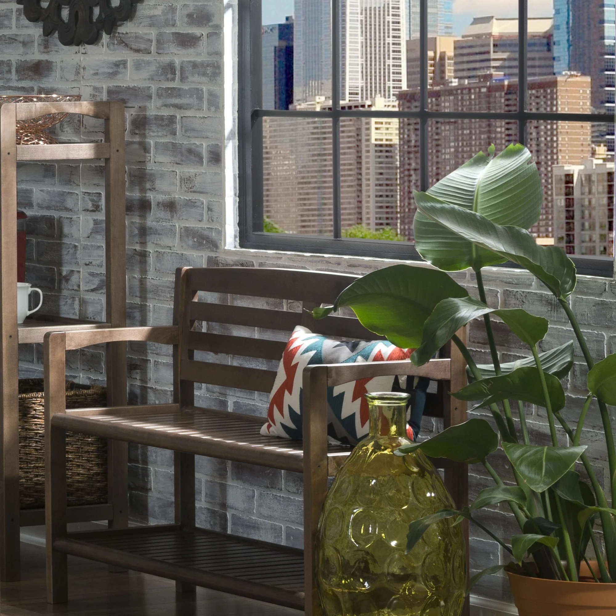 Chestnut Finish Solid Wood Slat Bench with High Back and Shelf By Homeroots - Image 5