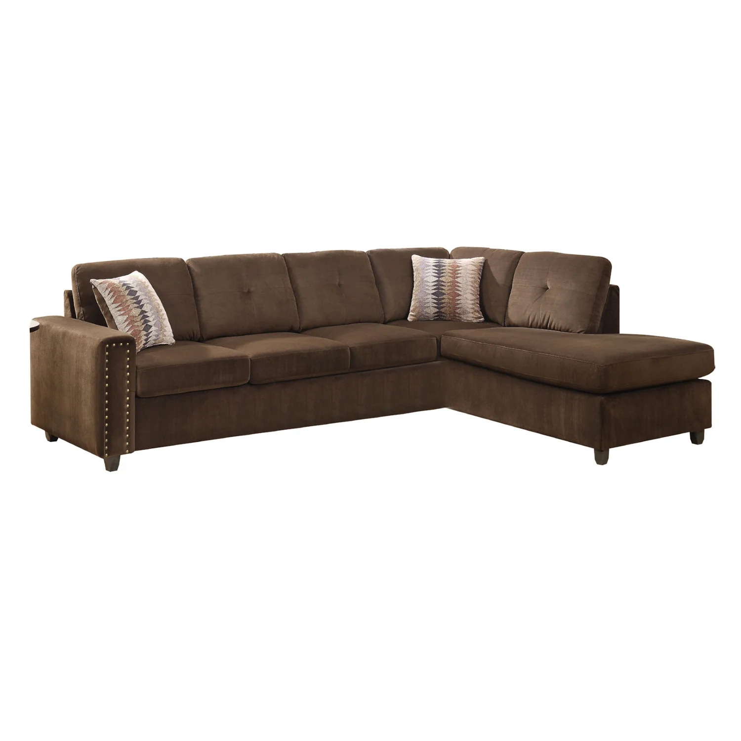 Chocolate Velvet Reversible Sectional Sofa With Pillows By Homeroots - Image 2