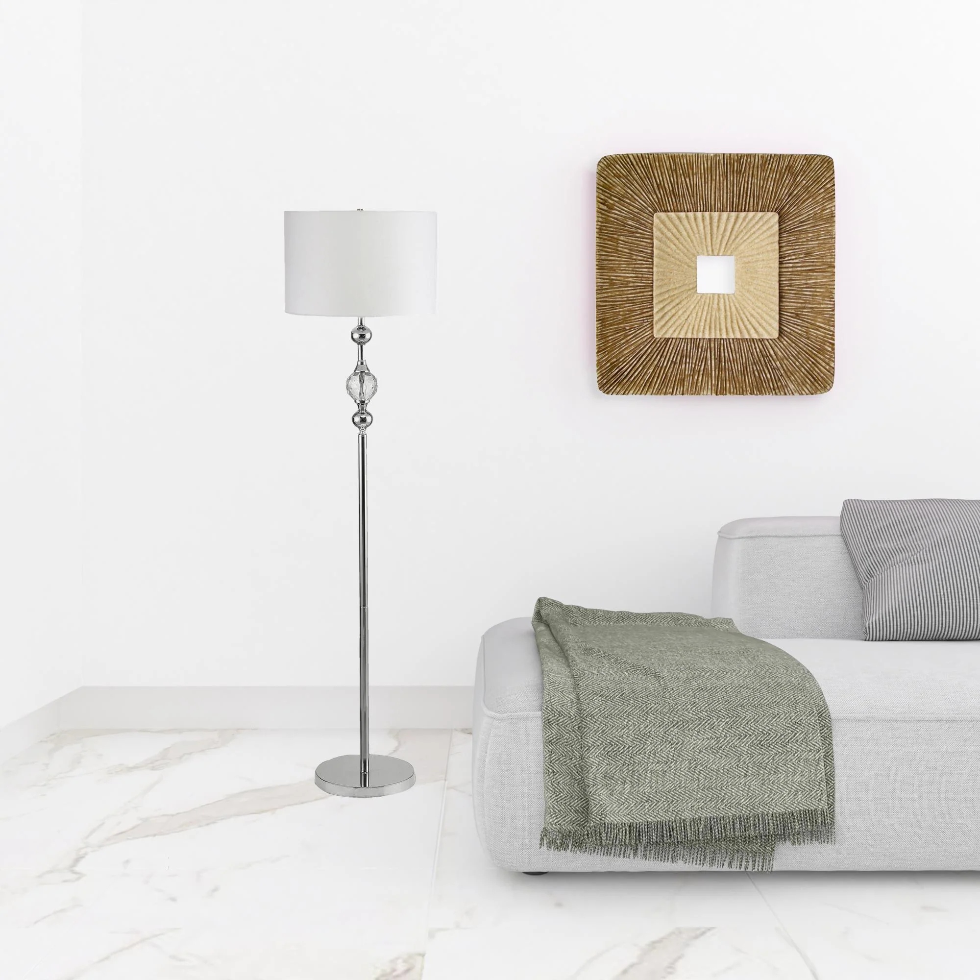 Chrome and Crystal Orb Shaped Floor Lamp With White Drum Shade By Homeroots - Image 5