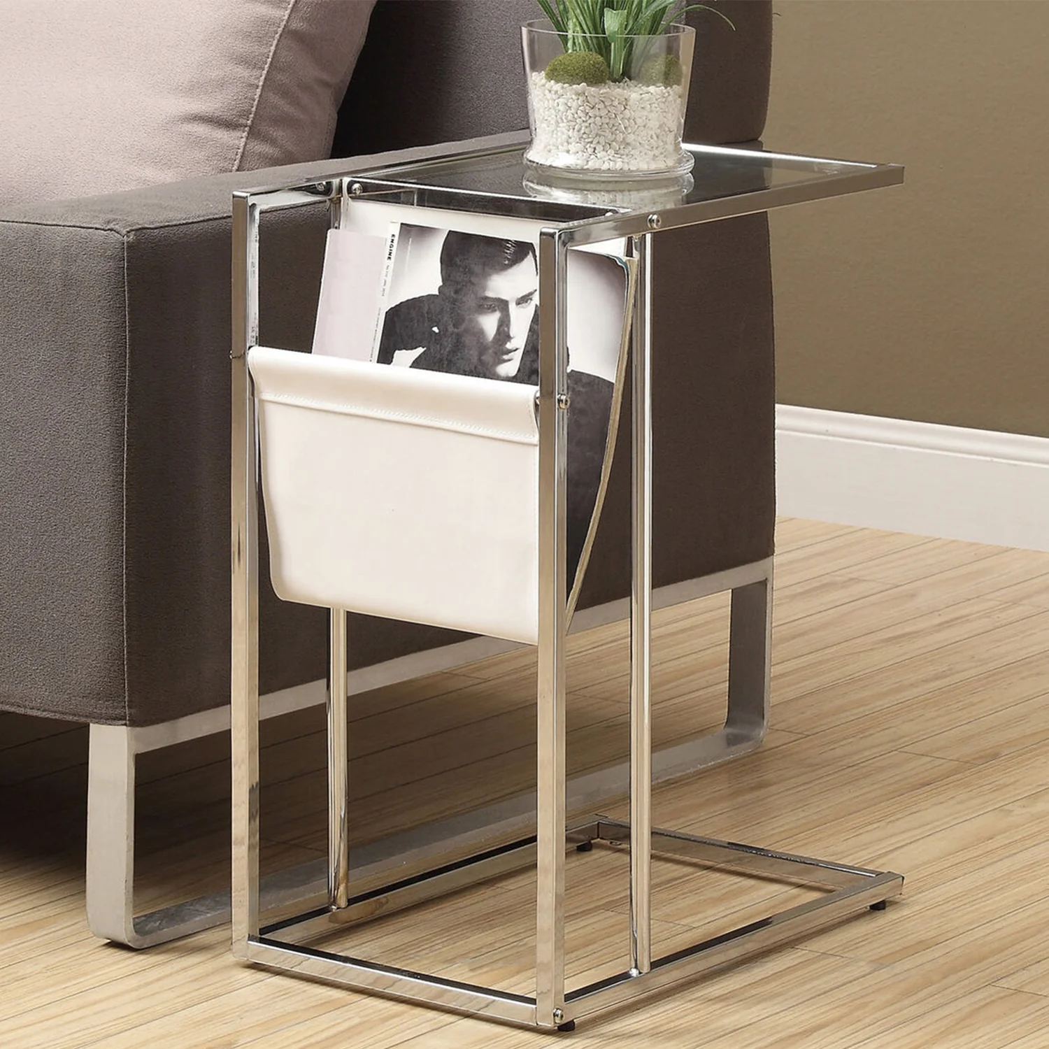 Chrome Tempered Glass Leather Look Accent Table By Homeroots - Image 6