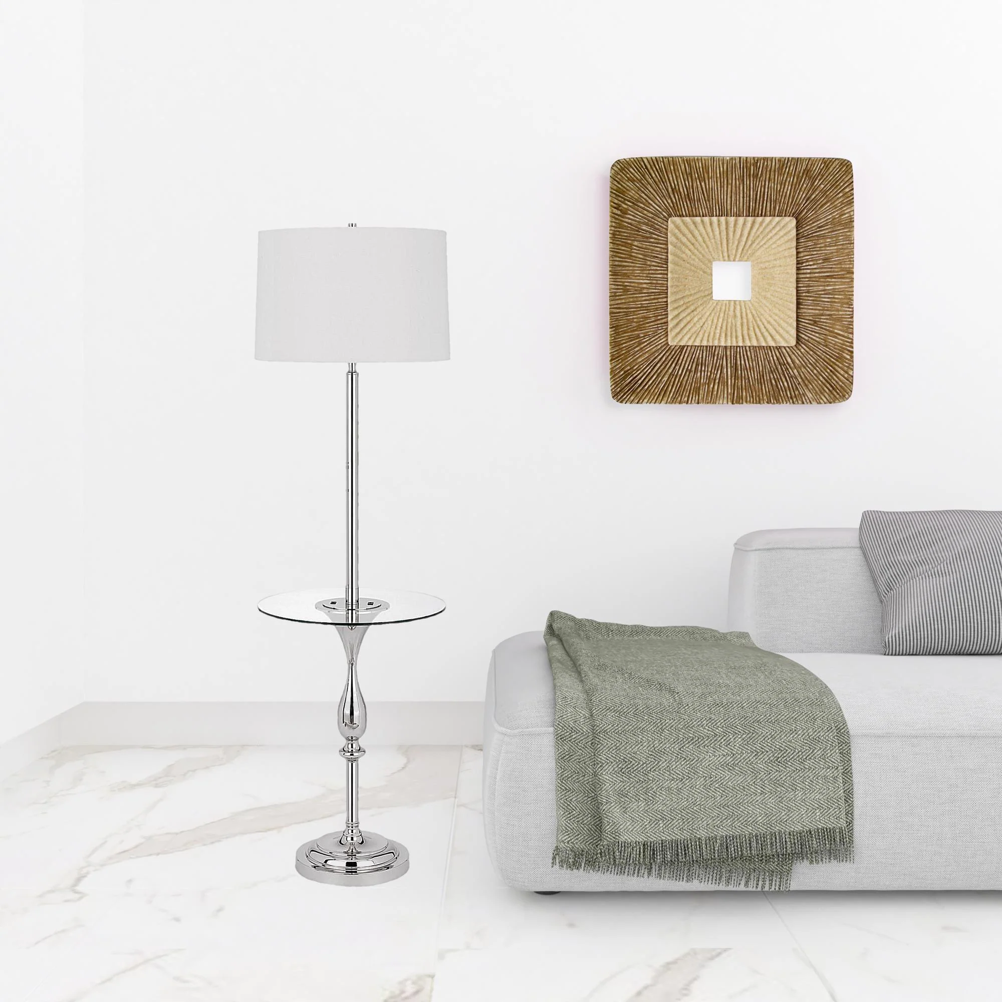 Chrome Tray Table Floor Lamp With White Transparent Glass Square Shade By Homeroots - Image 2