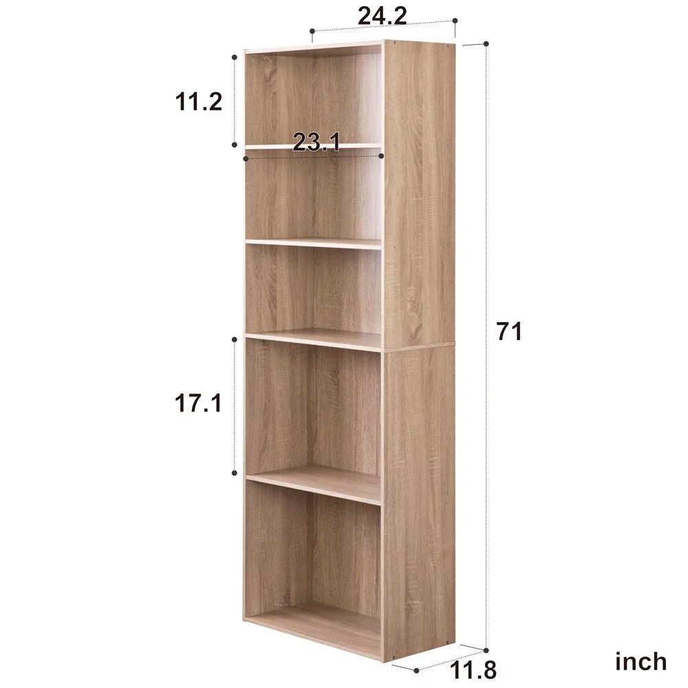 Classic Natural Finish Five Shelf Bookcase By Homeroots - Image 3