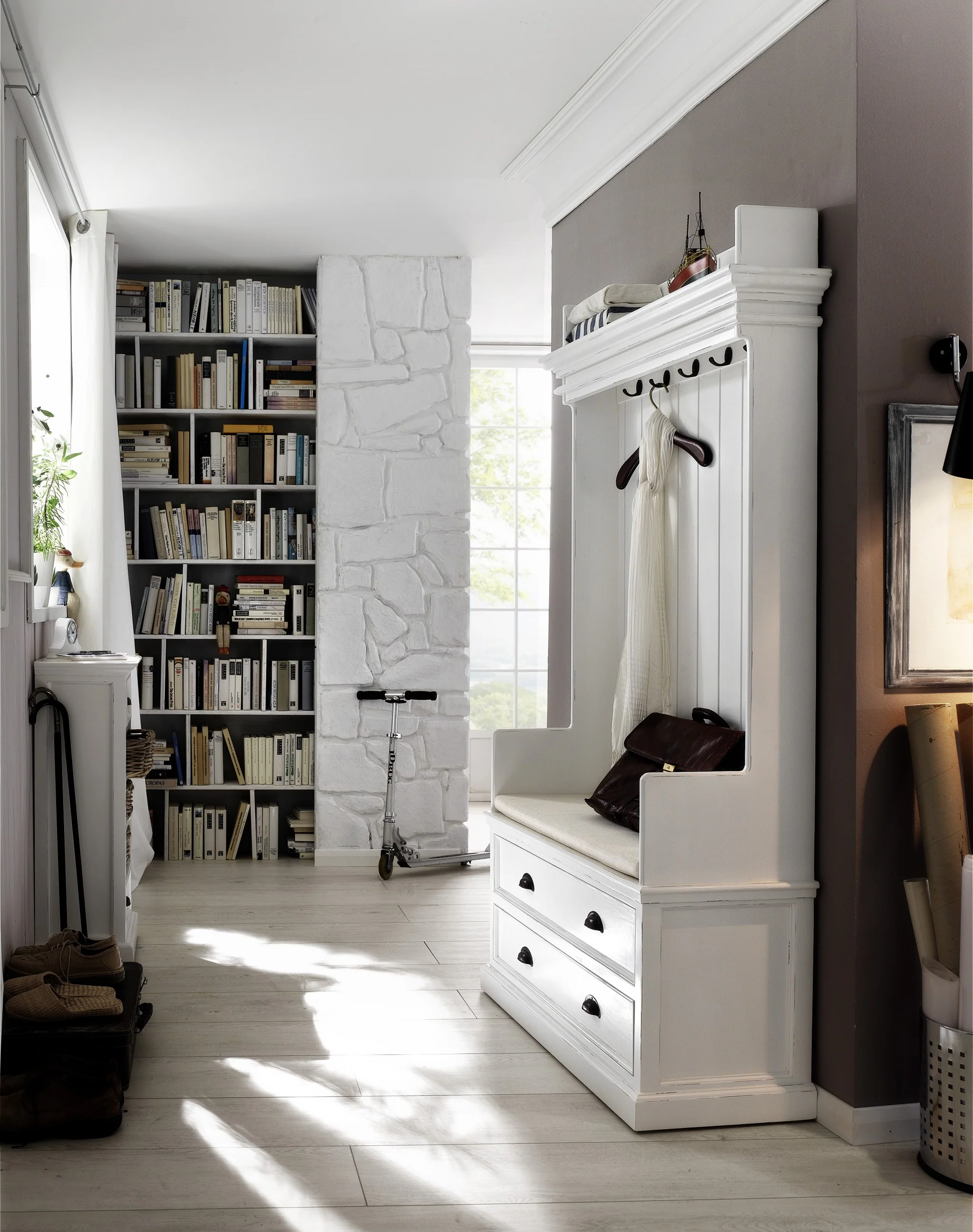 Classic White Entryway Coat Rack and Bench with Drawers By Homeroots - Image 8