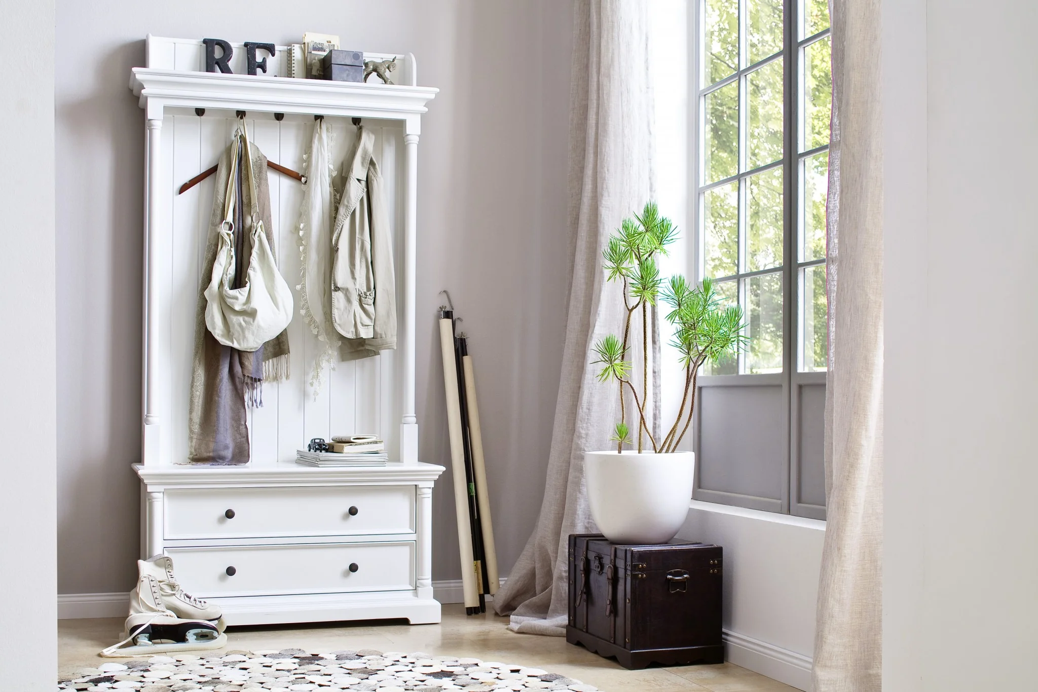 Classic White Hall Tree Coat Rack with Drawers By Homeroots - Image 6