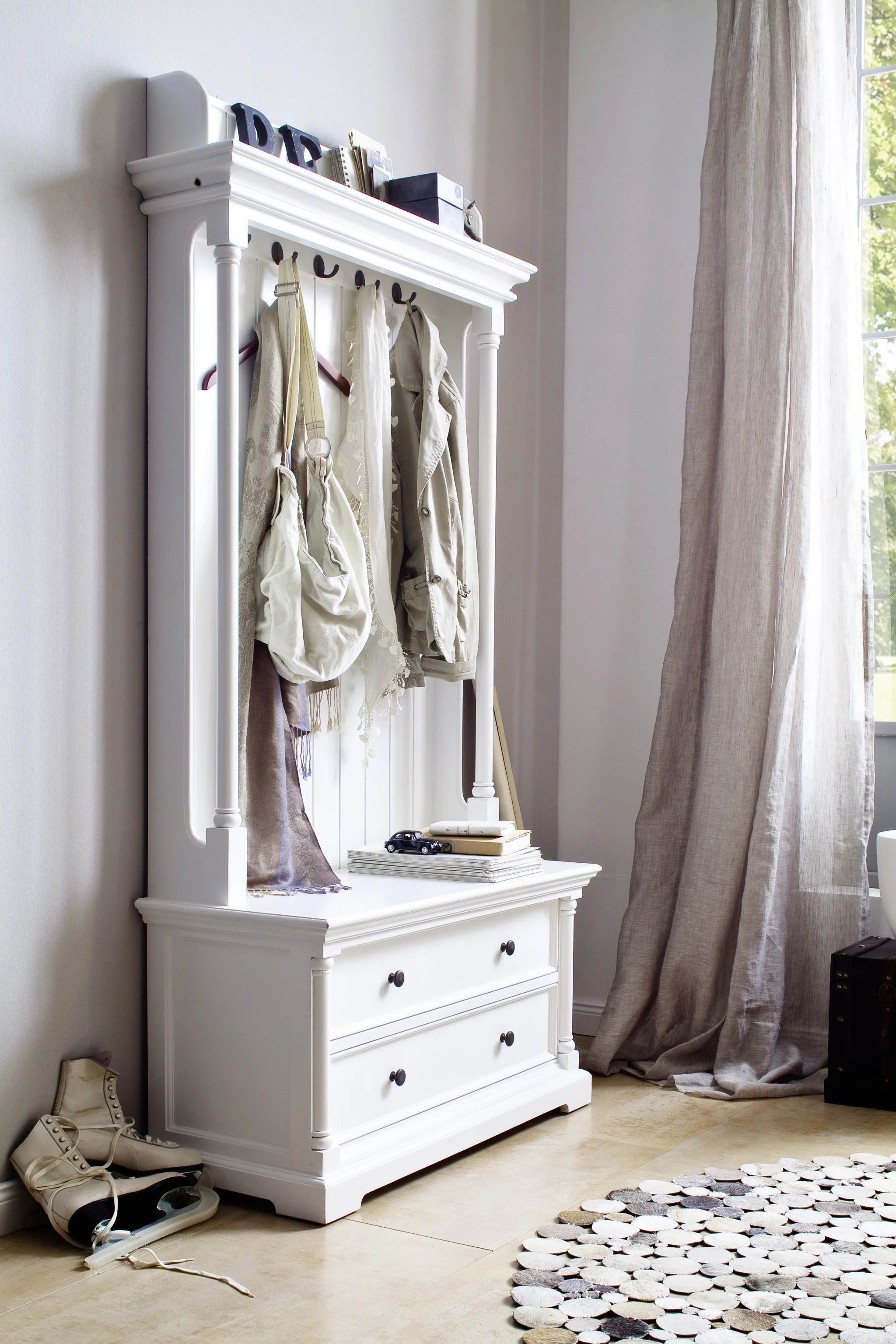 Classic White Hall Tree Coat Rack with Drawers By Homeroots - Image 8