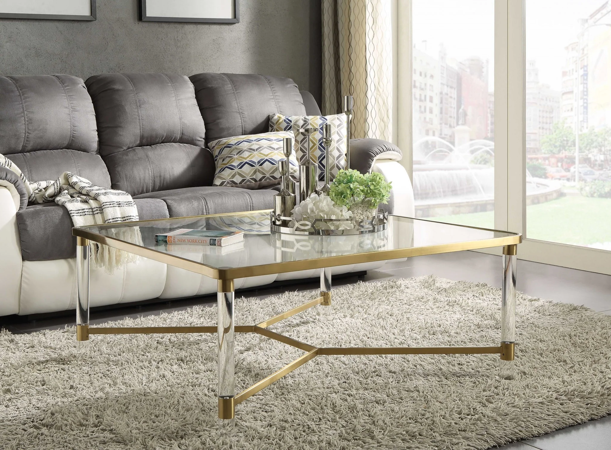 Clear Acrylic Gold Stainless Steel And Clear Glass Coffee Table By Homeroots - Image 3