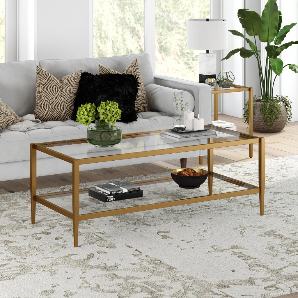 Clear And Antiqued Brass Glass And Metal Coffee Table With Shelf By Homeroots - Image 4