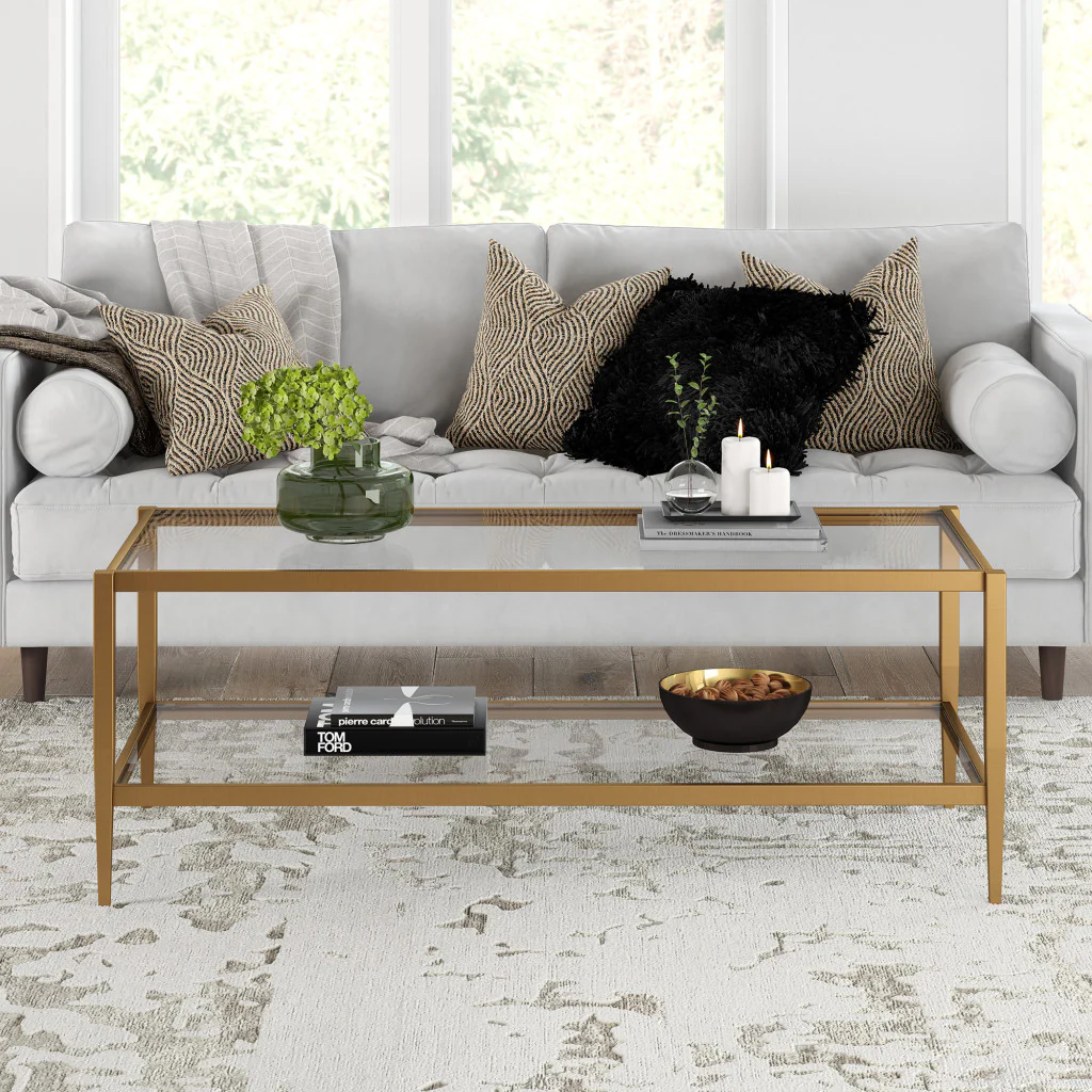 Clear And Antiqued Brass Glass And Metal Coffee Table With Shelf By Homeroots - Image 6