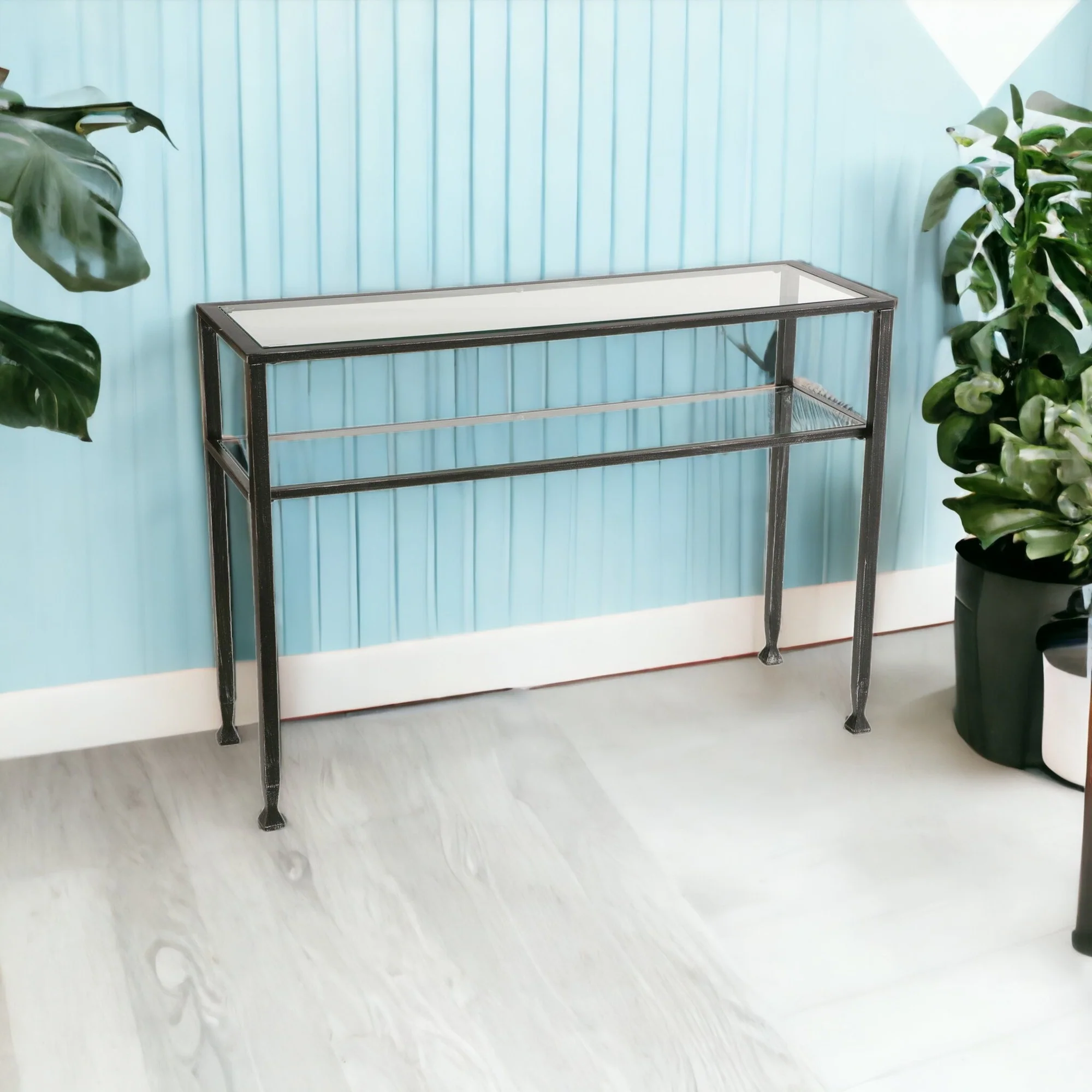 Clear and Black and Silver Glass Distressed Console Table With Storage By Homeroots - Image 2