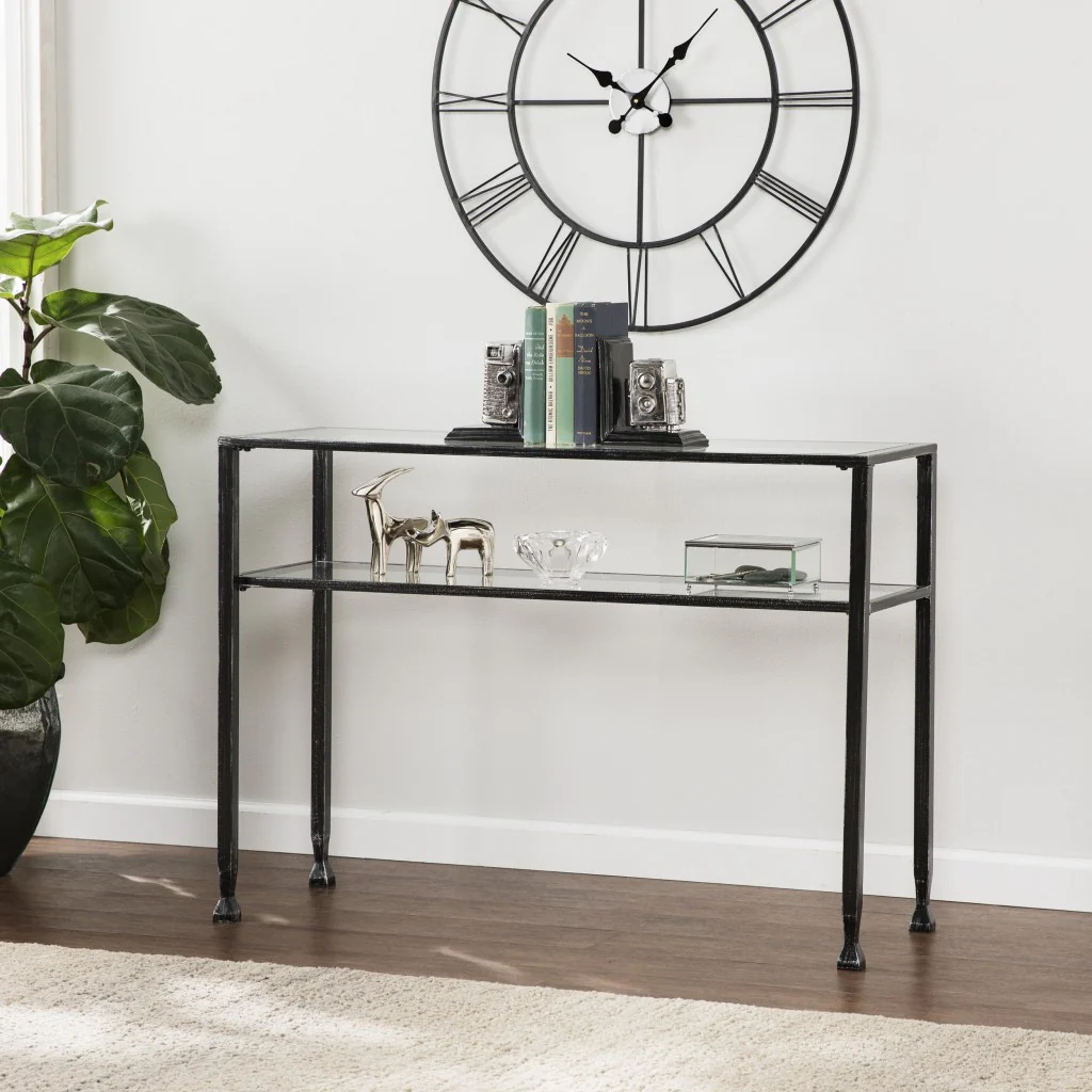 Clear and Black and Silver Glass Distressed Console Table With Storage By Homeroots - Image 3