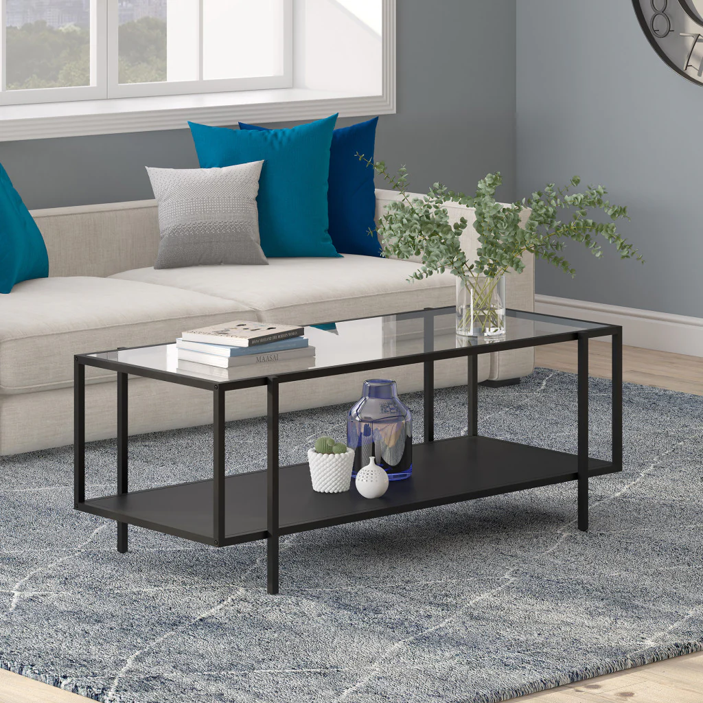 Clear And Black Glass And Steel Coffee Table With Shelf By Homeroots - Image 5