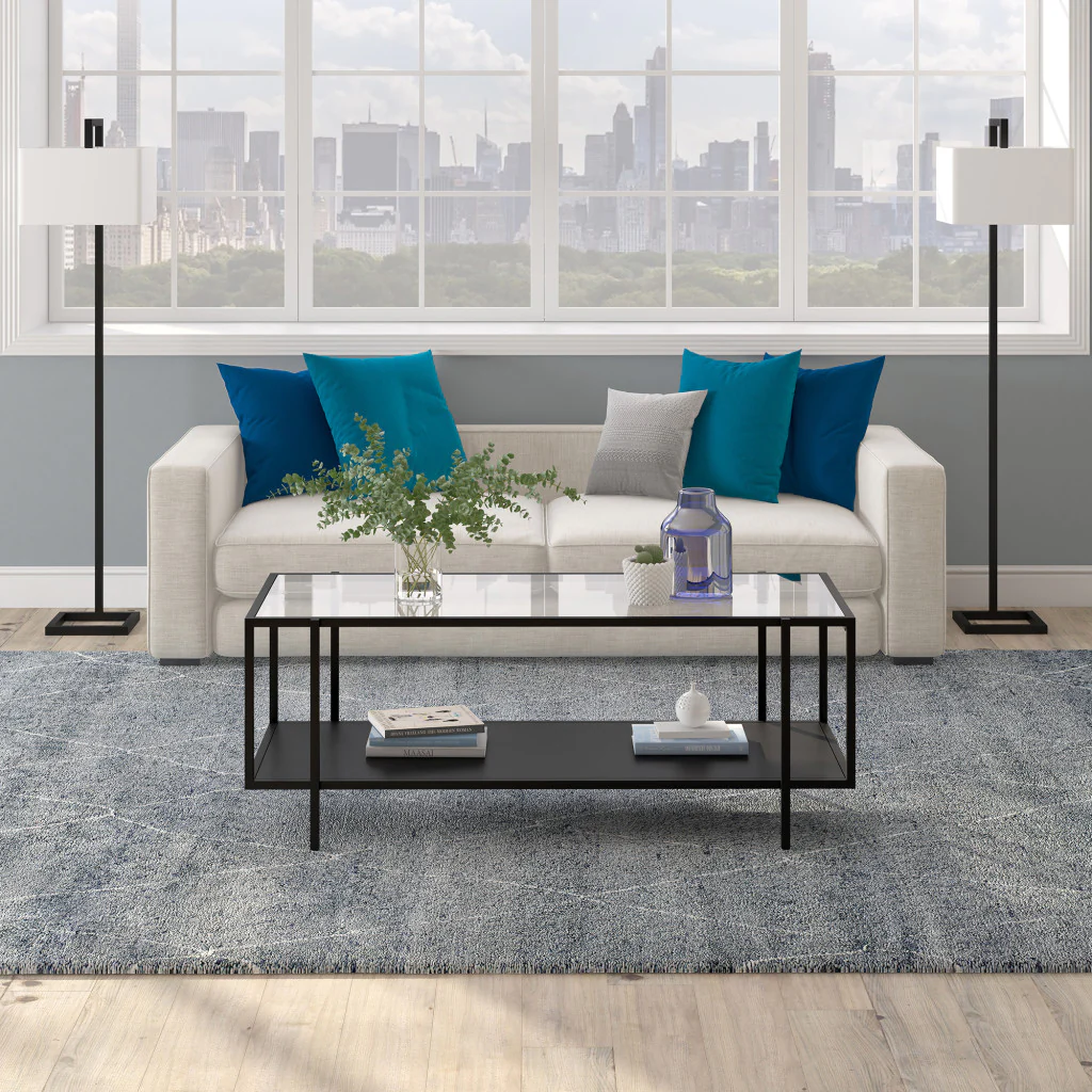 Clear And Black Glass And Steel Coffee Table With Shelf By Homeroots - Image 6