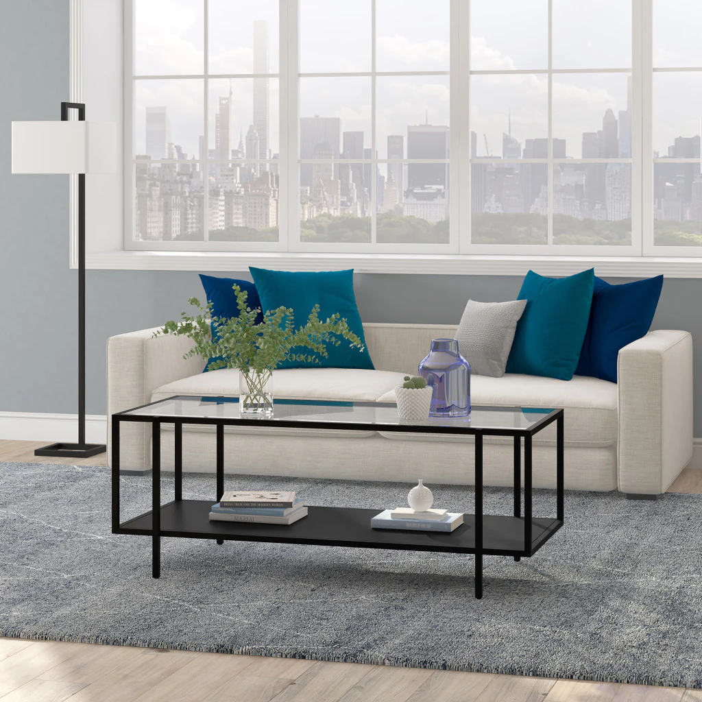 Clear And Black Glass And Steel Coffee Table With Shelf By Homeroots - Image 7