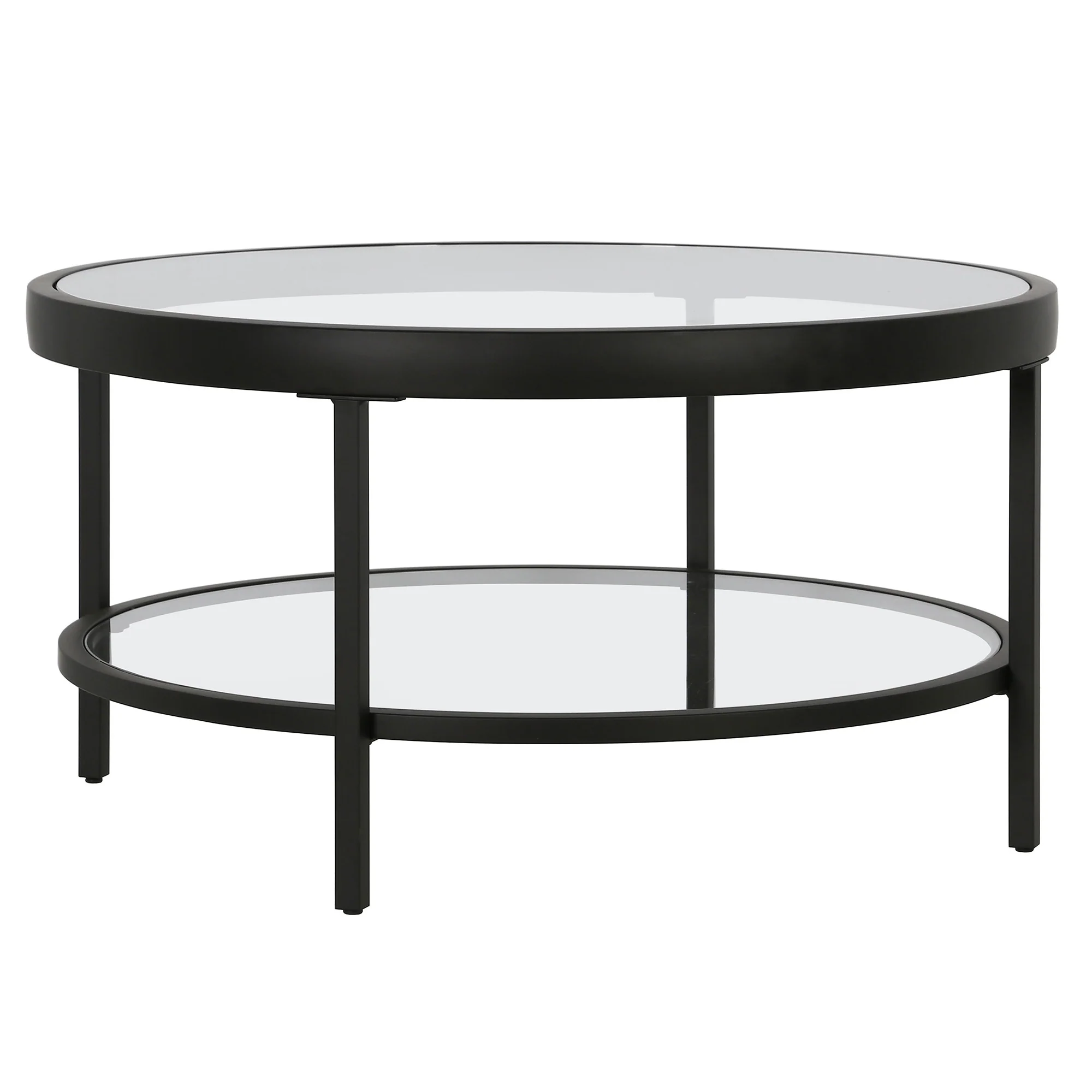 Clear And Black Glass And Steel Round Coffee Table With Shelf By Homeroots - Image 2