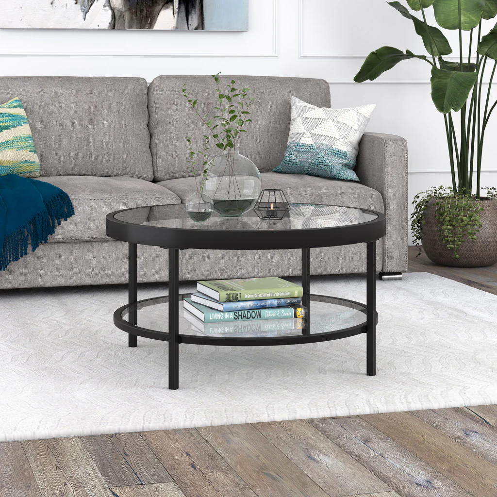 Clear And Black Glass And Steel Round Coffee Table With Shelf By Homeroots - Image 5