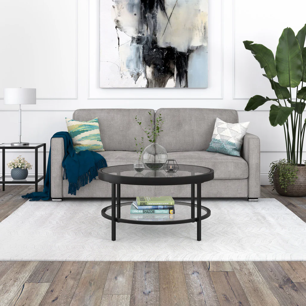 Clear And Black Glass And Steel Round Coffee Table With Shelf By Homeroots - Image 6