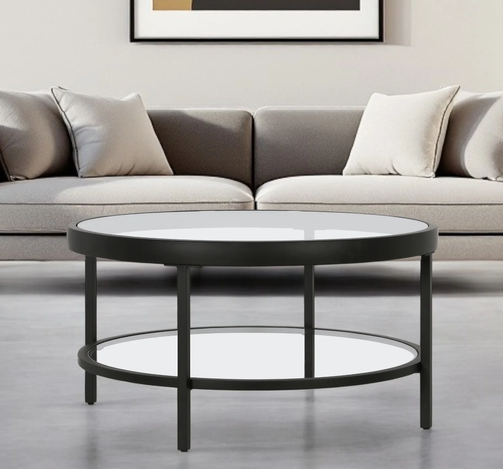Clear And Black Glass And Steel Round Coffee Table With Shelf By Homeroots - Image 7