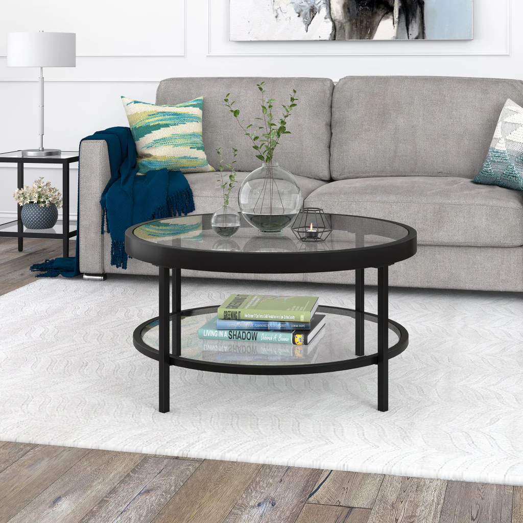 Clear And Black Glass And Steel Round Coffee Table With Shelf By Homeroots - Image 8