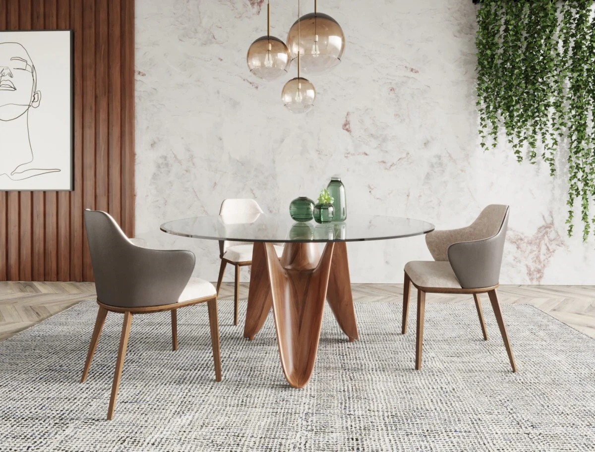 Clear And Brown Rounded Glass And Solid Manufactured Wood Pedestal Base Dining Table By Homeroots - Image 3