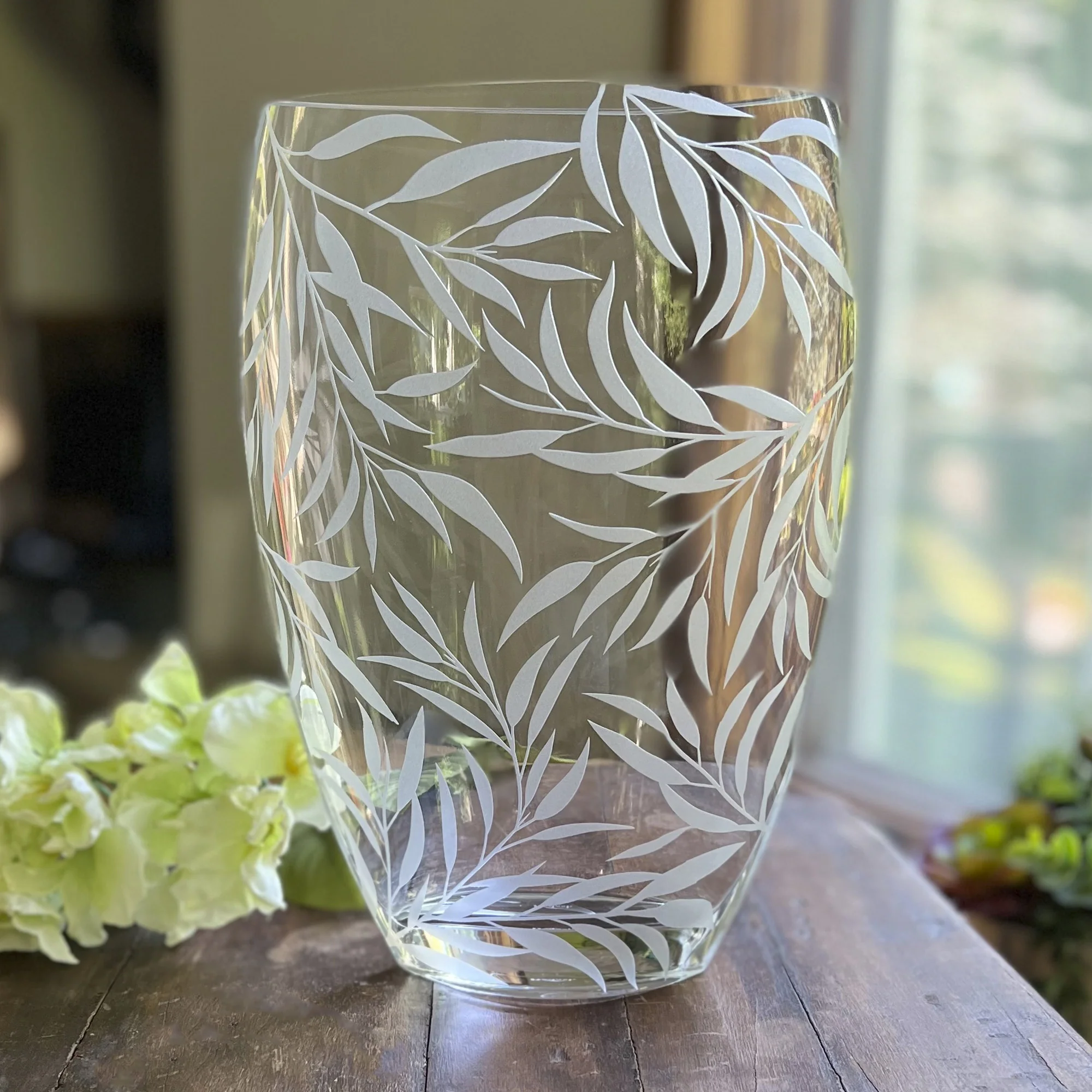 Clear and Frosted Leaf Pattern Oval Crystal Table Vase By Homeroots - Image 5