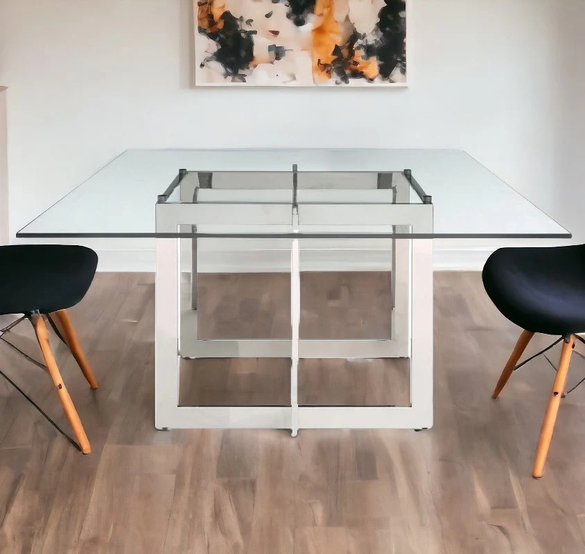 Clear And Gunmetal Square Glass And Stainless Steel Pedestal Base Dining Table By Homeroots - Image 2
