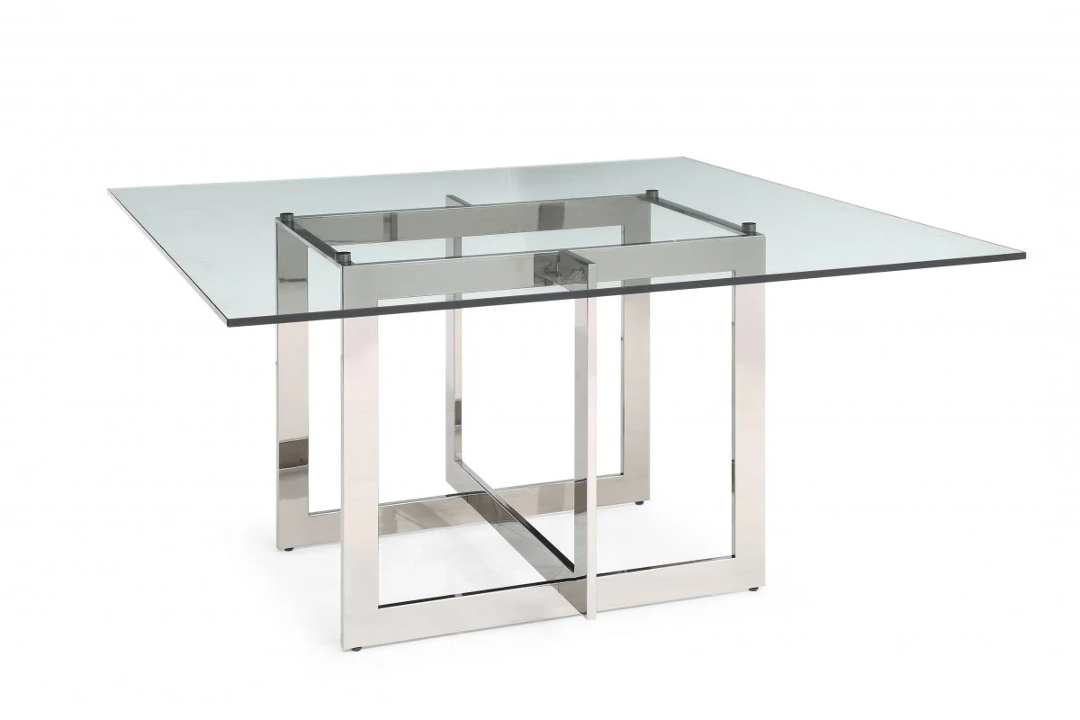 Clear And Gunmetal Square Glass And Stainless Steel Pedestal Base Dining Table By Homeroots - Image 3