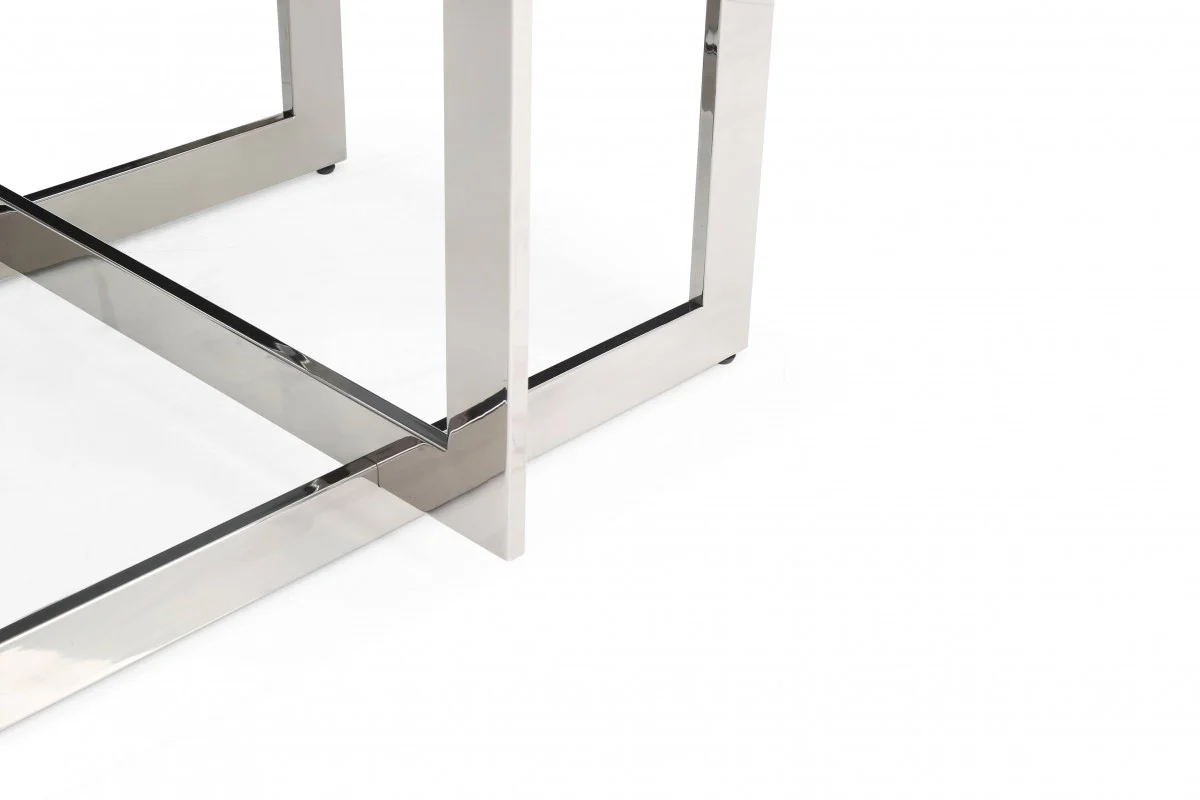 Clear And Gunmetal Square Glass And Stainless Steel Pedestal Base Dining Table By Homeroots - Image 5