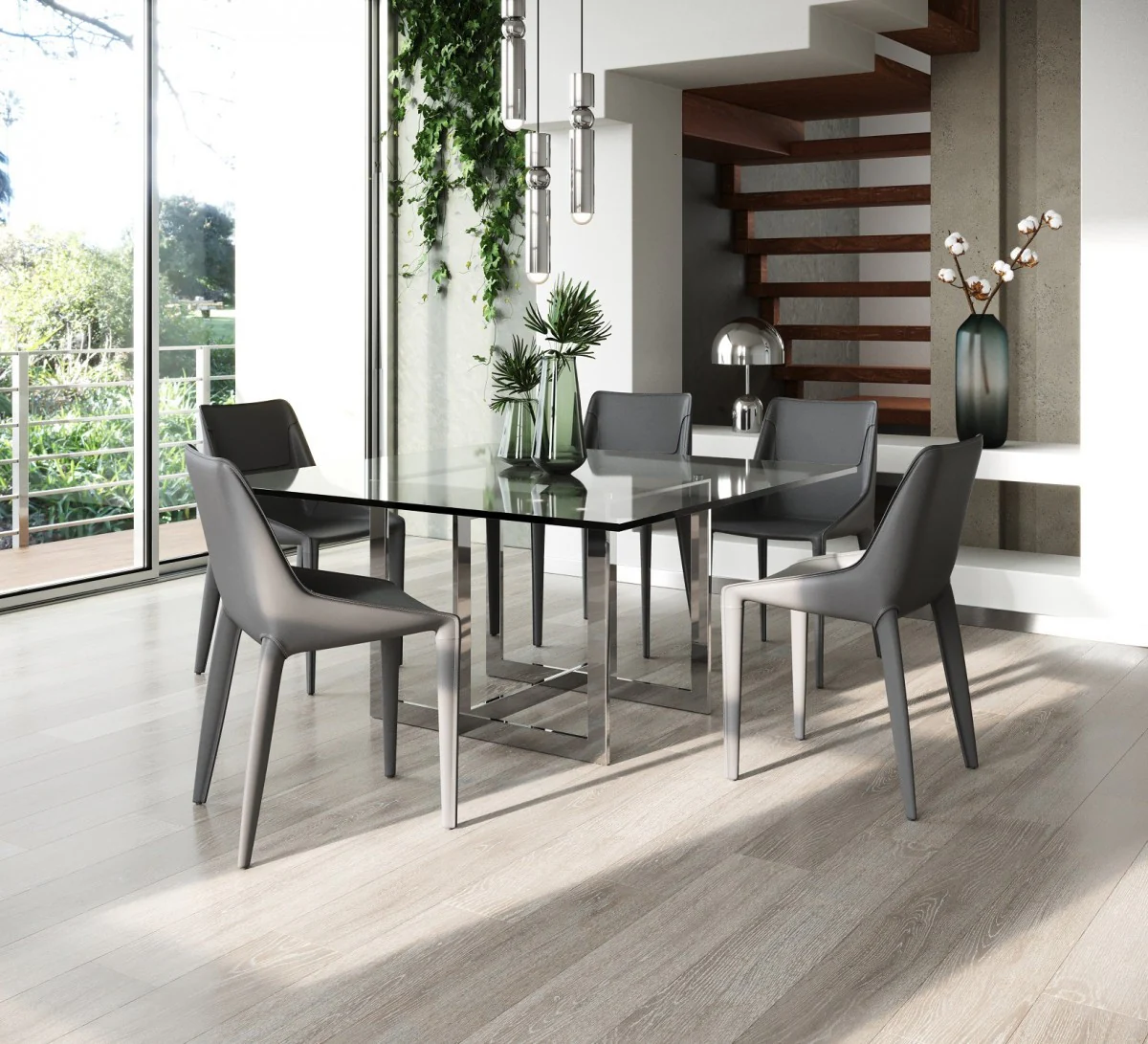 Clear And Gunmetal Square Glass And Stainless Steel Pedestal Base Dining Table By Homeroots - Image 6