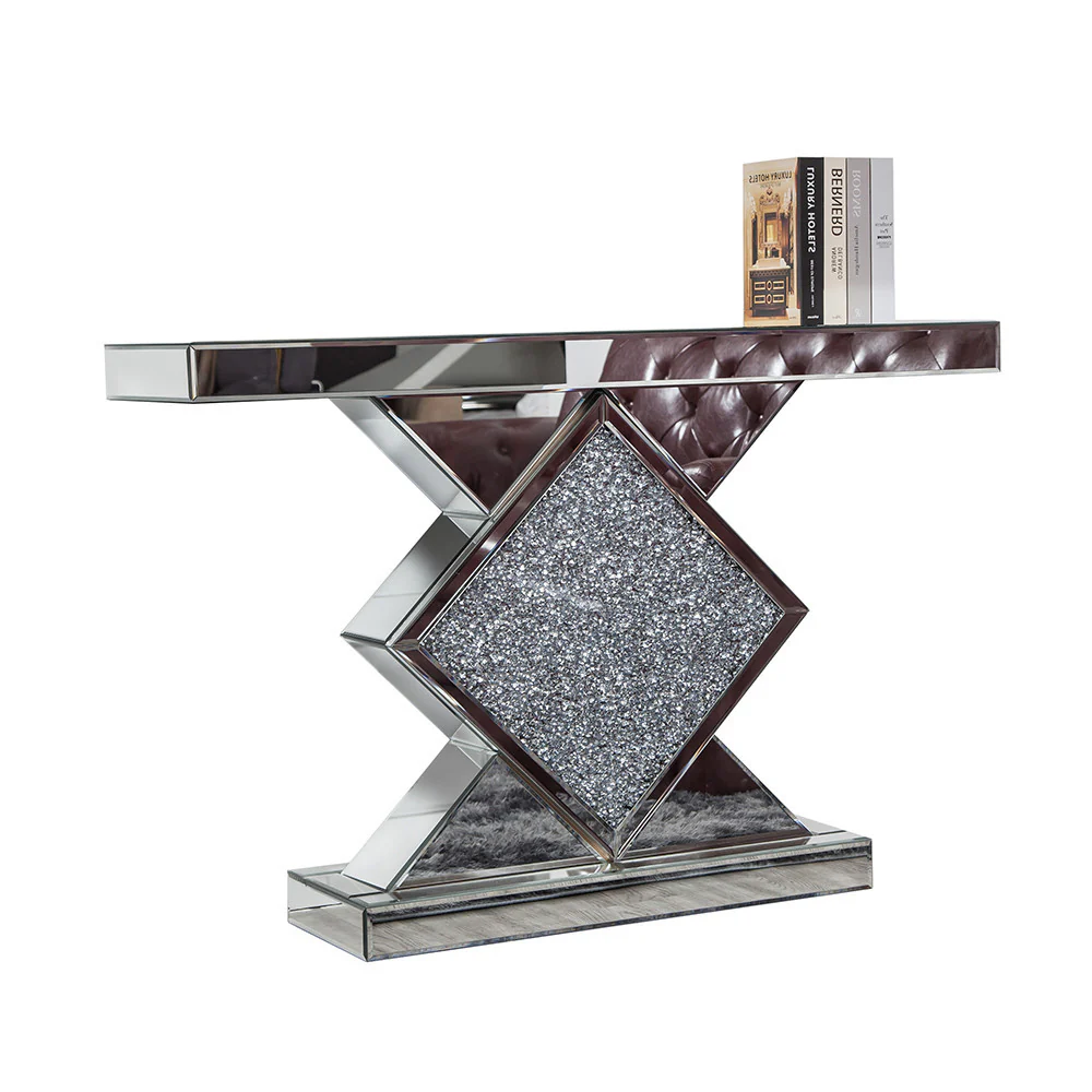 Clear and Silver Mirrored Glass And Faux Crystals Pedestal Console Table By Homeroots - Image 2