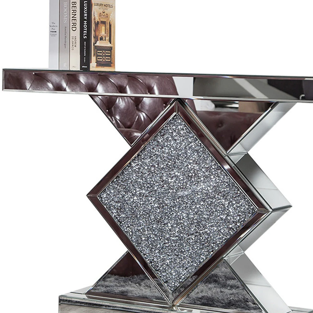 Clear and Silver Mirrored Glass And Faux Crystals Pedestal Console Table By Homeroots - Image 4