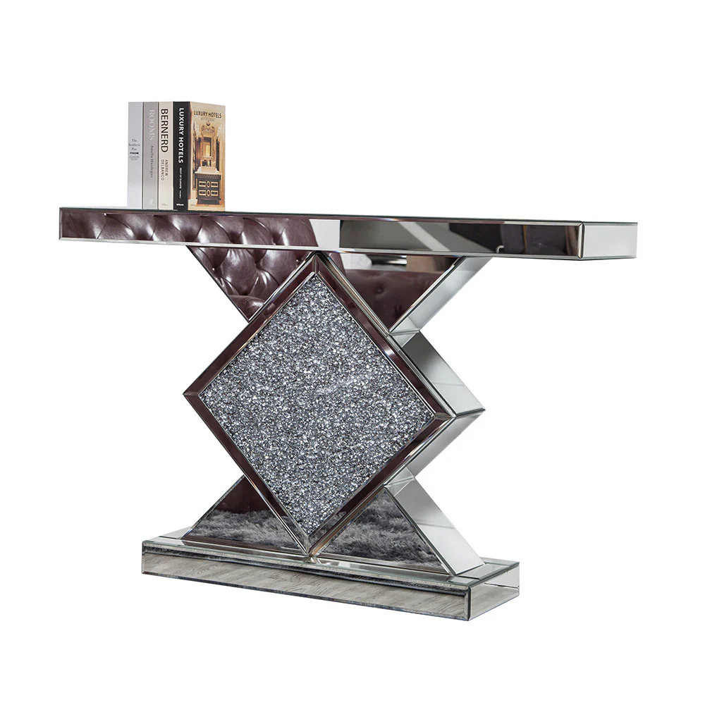 Clear and Silver Mirrored Glass And Faux Crystals Pedestal Console Table By Homeroots - Image 6