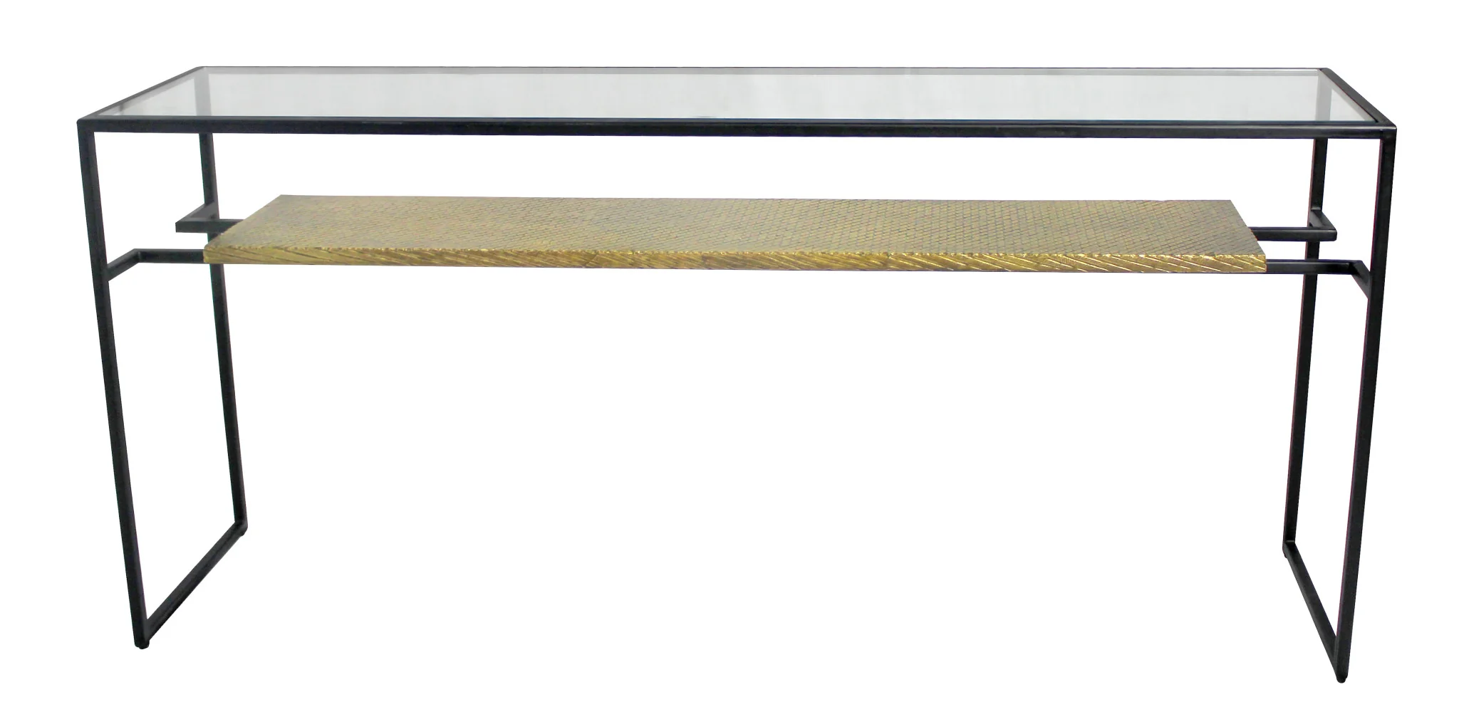 Clear Black and Gold Glass Sled Console Table With Shelves By Homeroots - Image 6