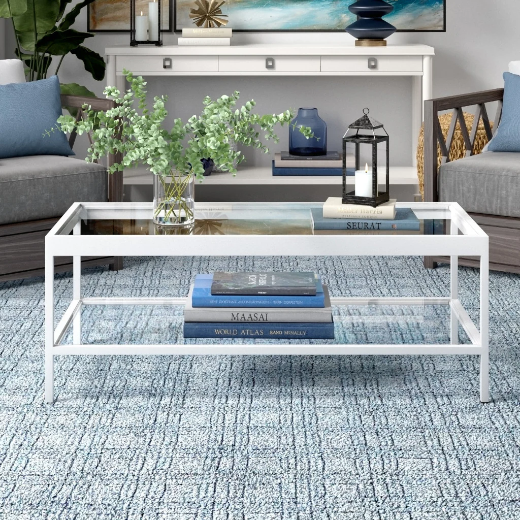 Clear Glass And White Steel Coffee Table With Shelf By Homeroots - Image 6